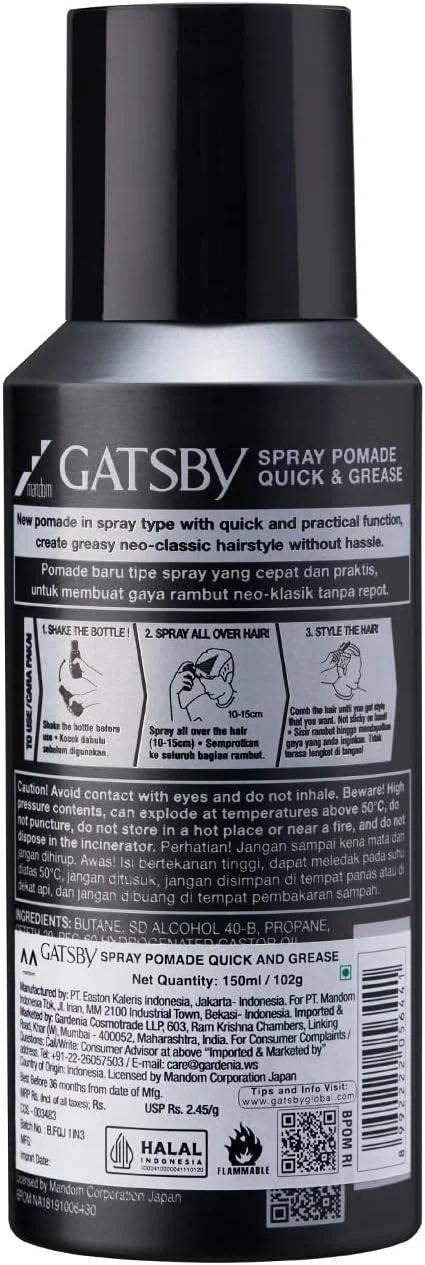 پماد موی اسپری گتسبی - Quick & Grease | برای مدل موی Slicked Back | اثر براق کننده | پماد موی اسپری غیر چسبنده | برای حالت دادن سریع و آسان مو | اسپری مو برای آقایان | 150 میلی لیتر | ساخت اندونزی