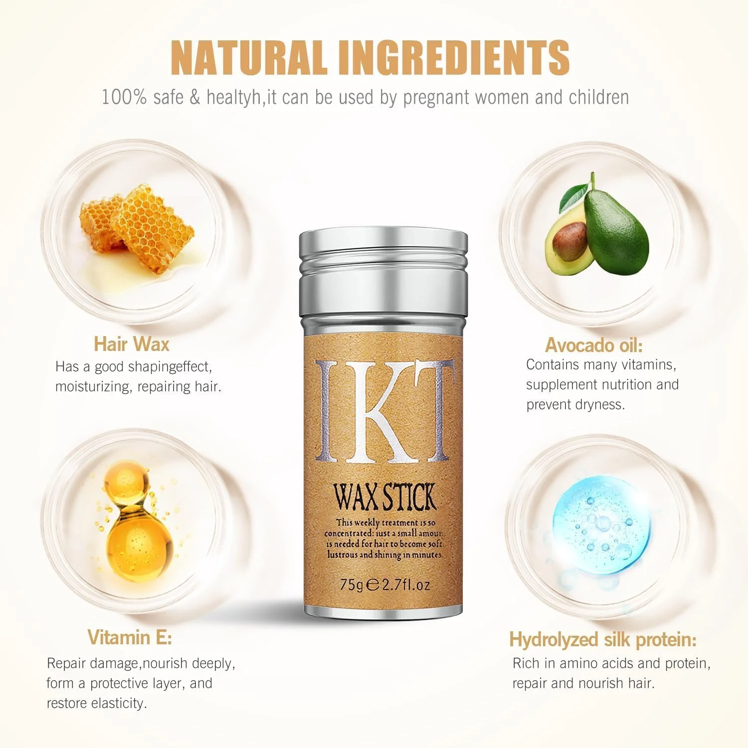 موم موی استیکی MOSH IKT برای کلاه گیس صاف، پماد موی حالت دهنده غیر چرب و لغزنده برای موهای وز، لبه ها و موخوره - 75 گرم (بسته 1 عددی)