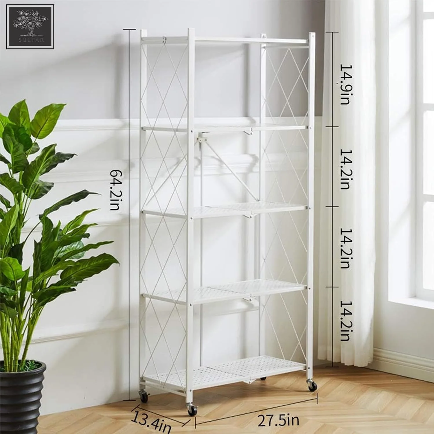 قفسه تاشو 5 طبقه سولفار با چرخ | قفسه فلزی سنگین برای آشپزخانه، خانه و دفتر - سفید (1 عدد) قفسه تاشو 5 طبقه سولفار با چرخ | قفسه فلزی سنگین برای آشپزخانه، خانه و دفتر - سفید (1 عدد)