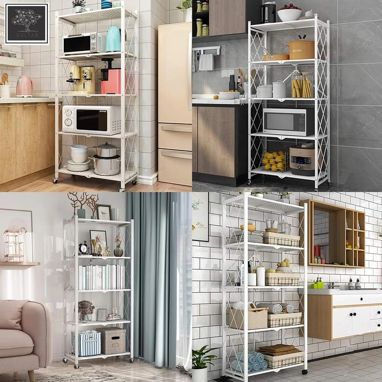 قفسه تاشو 5 طبقه سولفار با چرخ | قفسه فلزی سنگین برای آشپزخانه، خانه و دفتر - سفید (1 عدد) قفسه تاشو 5 طبقه سولفار با چرخ | قفسه فلزی سنگین برای آشپزخانه، خانه و دفتر - سفید (1 عدد)