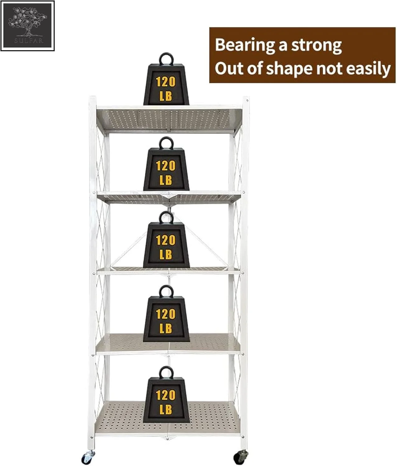 قفسه تاشو 5 طبقه سولفار با چرخ | قفسه فلزی سنگین برای آشپزخانه، خانه و دفتر - سفید (1 عدد) قفسه تاشو 5 طبقه سولفار با چرخ | قفسه فلزی سنگین برای آشپزخانه، خانه و دفتر - سفید (1 عدد)