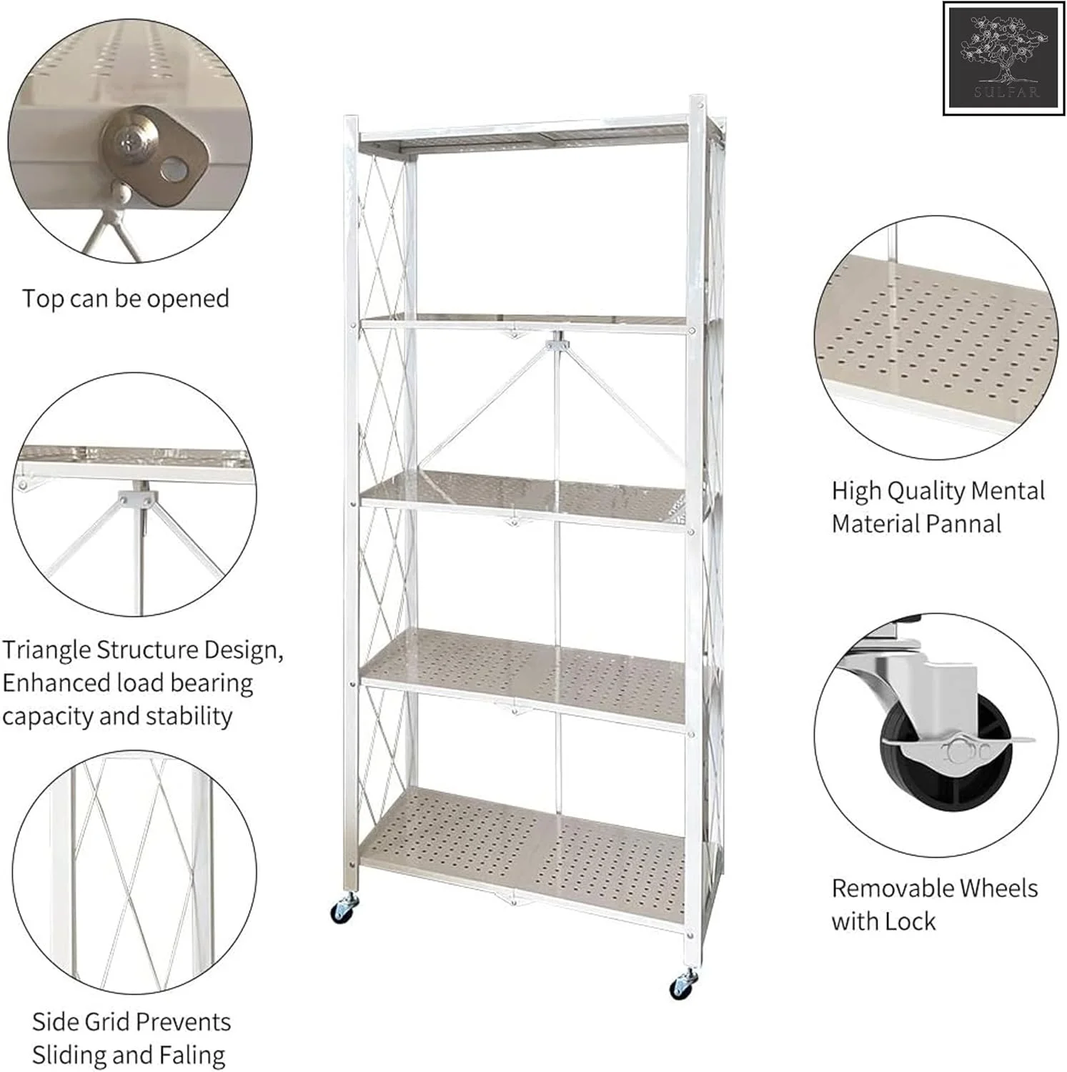 قفسه تاشو 5 طبقه سولفار با چرخ | قفسه فلزی سنگین برای آشپزخانه، خانه و دفتر - سفید (1 عدد) قفسه تاشو 5 طبقه سولفار با چرخ | قفسه فلزی سنگین برای آشپزخانه، خانه و دفتر - سفید (1 عدد)