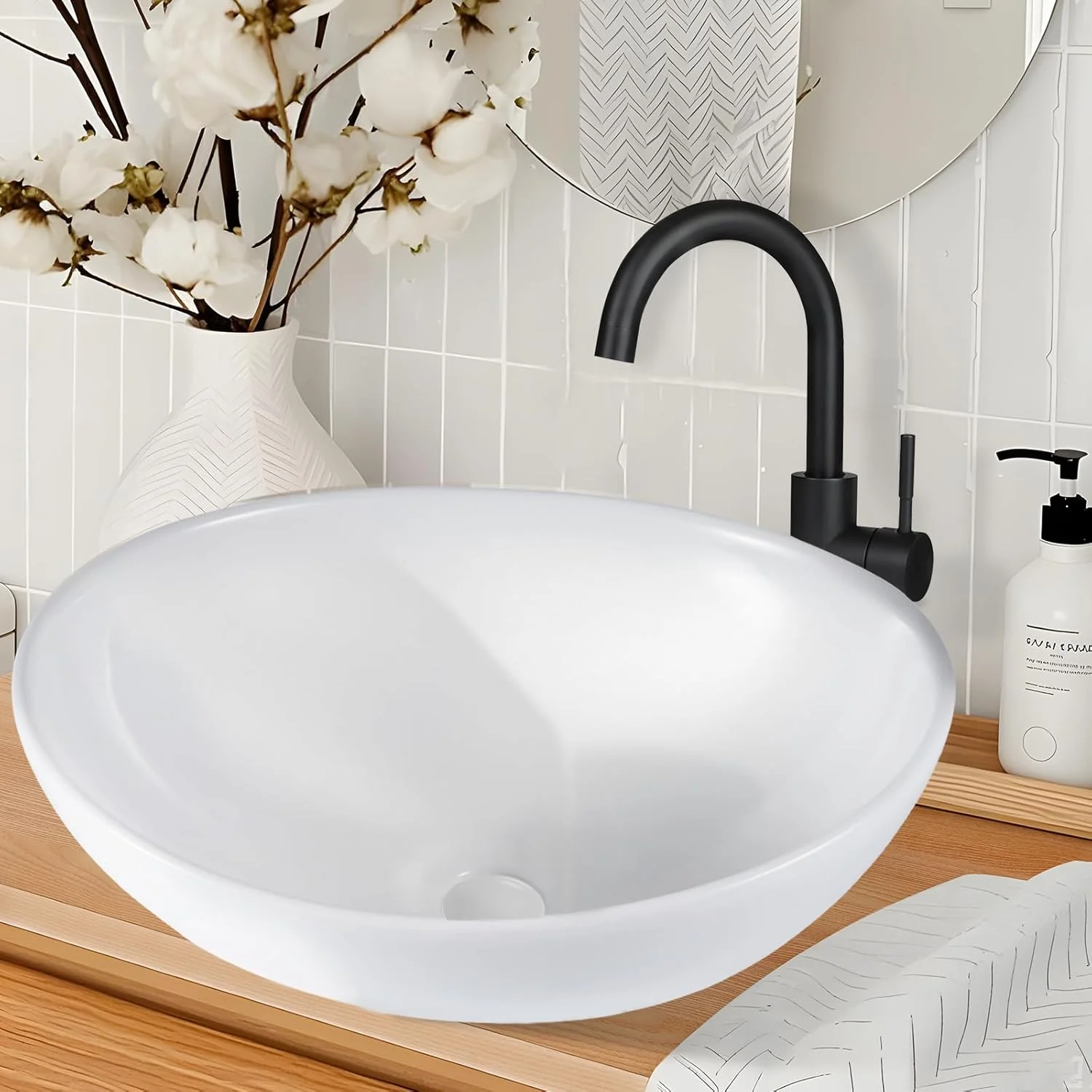 روشویی بیضی شکل سرامیکی Mursche، کاسه روشویی با پوشش نانو، قابل نصب و آویز، با اثر لوتوس، سفید، کوچک، 41 x 33 x 14.5 سانتی متر، مناسب سرویس بهداشتی مهمان