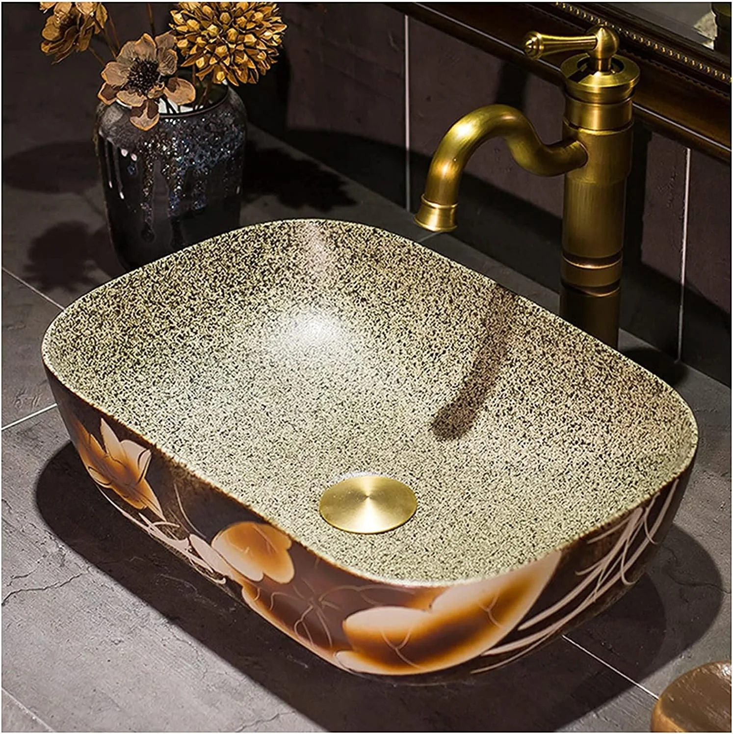 روشویی روکار باریک دهانه مدیترانه ای MNSSRN، سینک لوکس دست ساز بیضی شکل، روشویی سرامیکی اروپایی، حوض مربع