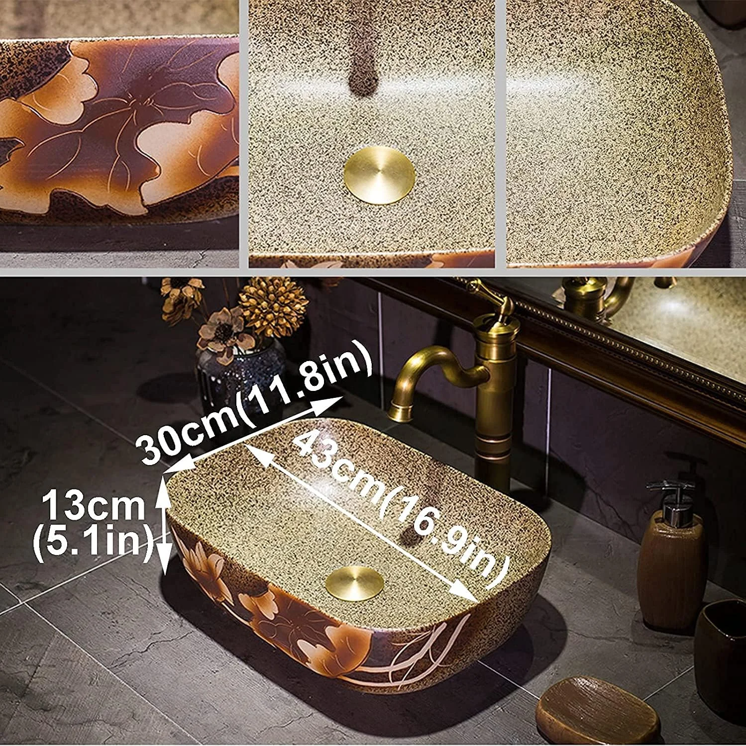 روشویی روکار باریک دهانه مدیترانه ای MNSSRN، سینک لوکس دست ساز بیضی شکل، روشویی سرامیکی اروپایی، حوض مربع