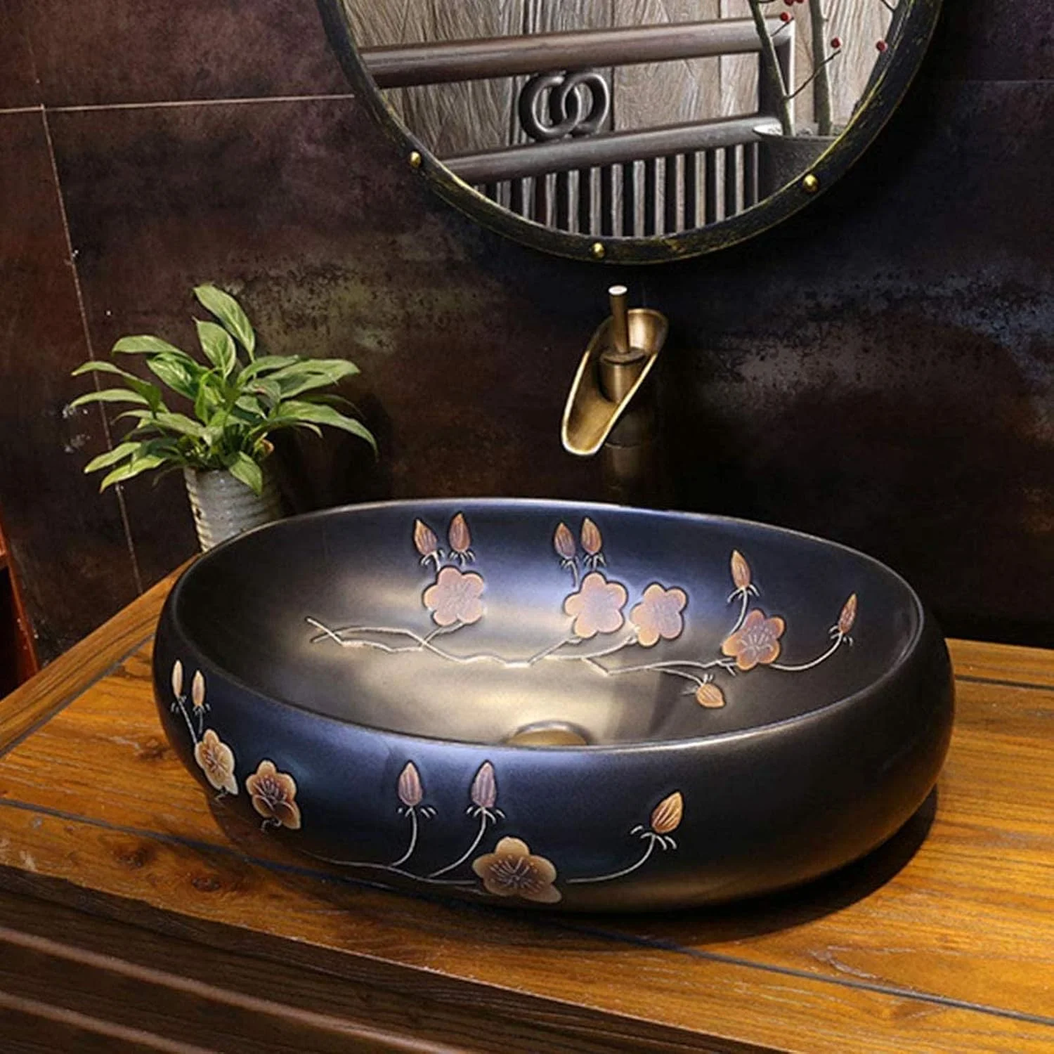 SMLZV روشویی سرامیکی، سینک دستشویی، روشویی سنگی طبیعی بیضی شکل توکار، روشویی سرامیکی عتیقه، روشویی هنری رترو بادی صنعتی بالای سطح