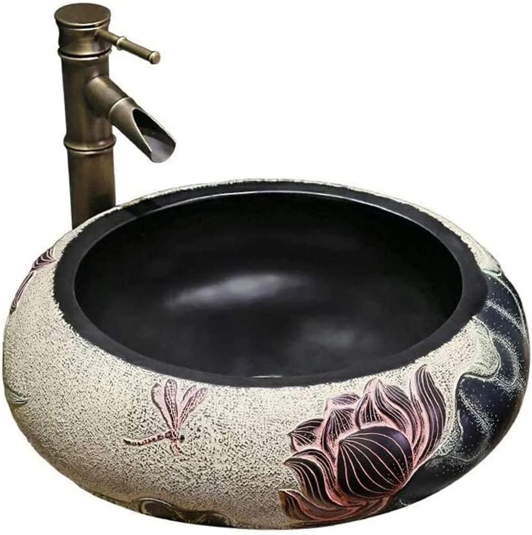 روشویی سرامیکی SMLZV، سینک روشویی طرح برگ لوتوس، روشویی سرامیکی بیضی شکل، روشویی توالت، سینک روشویی سرامیکی روکار (44x15.5cm)