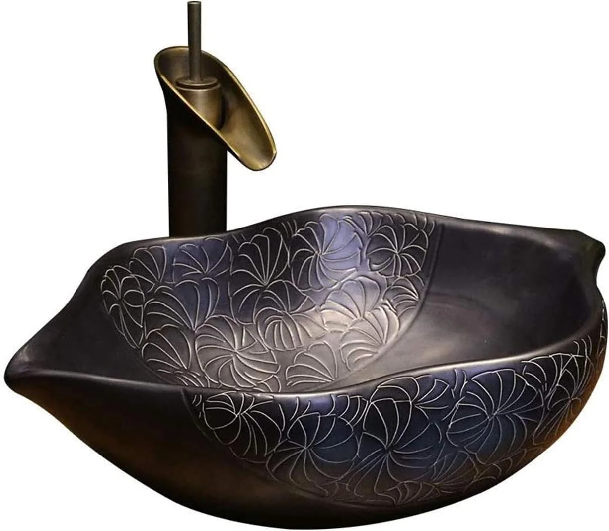 روشویی سرامیکی SMLZV، سینک دستشویی برگ های هنری رترو، طرح خاص روکار، روشویی سرامیکی خلاقانه و عتیقه (51x35x14.5cm)