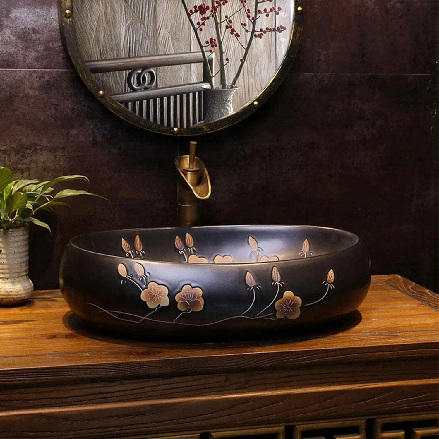 SMLZV روشویی سرامیکی، سینک دستشویی، روشویی سنگی طبیعی بیضی شکل توکار، روشویی سرامیکی عتیقه، روشویی هنری رترو بادی صنعتی بالای سطح