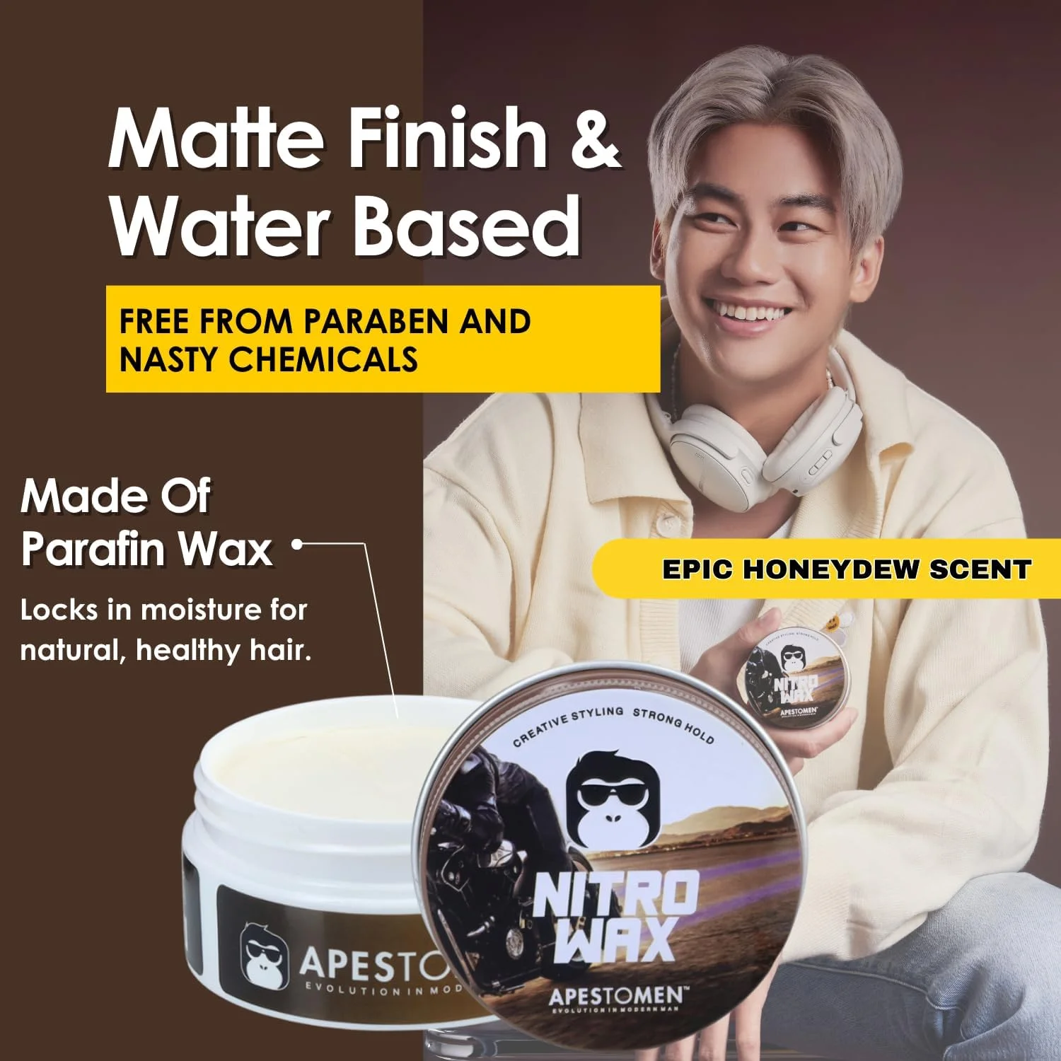 واکس مو نیترو APESTOMEN EVOLUTION IN MODERN MAN برای حالت دهی قوی و درخشش کم (76.5 گرم) - واکس مو مردانه - برای موهای صاف، ضخیم و مجعد - مدل موی شیک پمپادور کوئیف