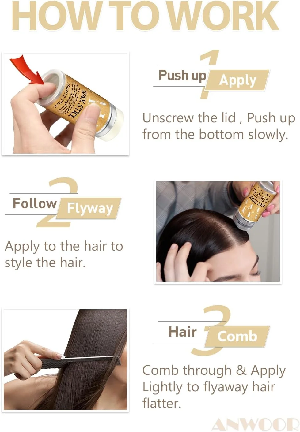 استیک واکس مو AnWoor برای کلاه گیس صاف، پماد حالت دهنده غیر چرب برای موهای وز، لبه ها و موخوره - 76 گرم