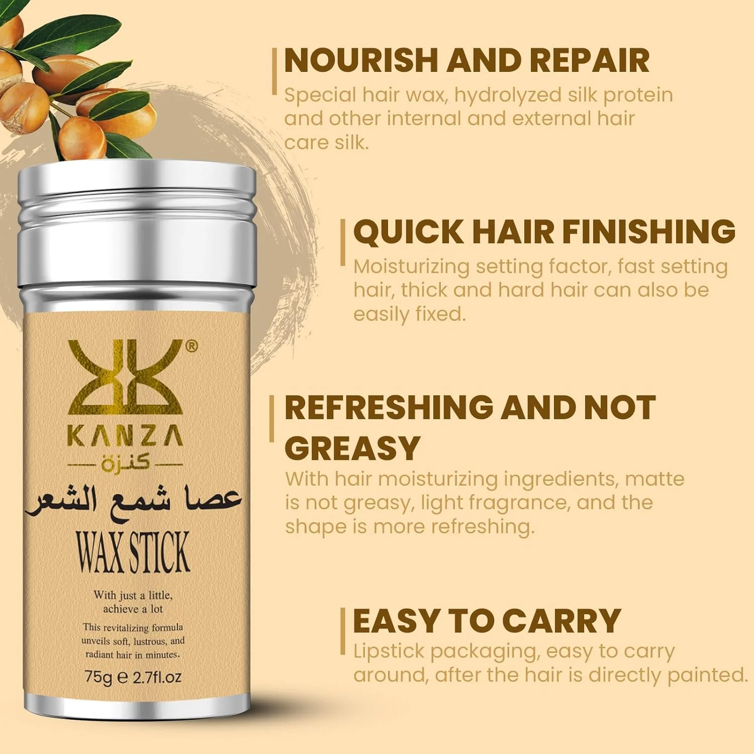 کانزا - استیک واکس مو 75 گرمی به همراه ست 3 عددی برس حالت دهنده لبه مو | واکس حالت دهنده مو، کرم فینیشینگ موهای خرده، واکس لبه مو | واکس پماد مو | مناسب آقایان و بانوان