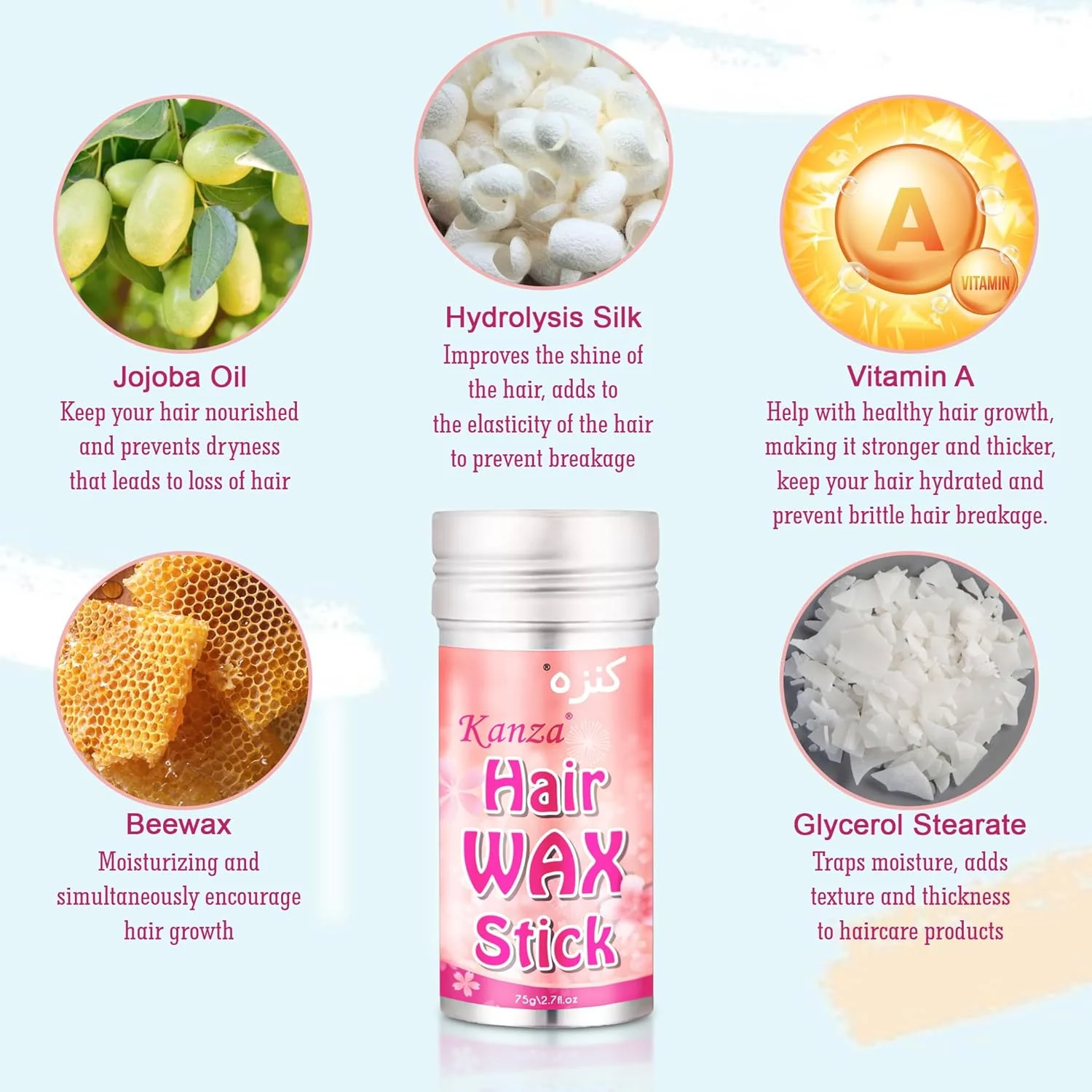 کانزا - استیک واکس مو 75 گرم | برای بافت و درخشش بهتر مو | واکس حالت دهنده مو، کرم صاف کننده موهای ریز، استیک حالت دهنده لبه مو | استیک پماد مو برای آقایان و بانوان