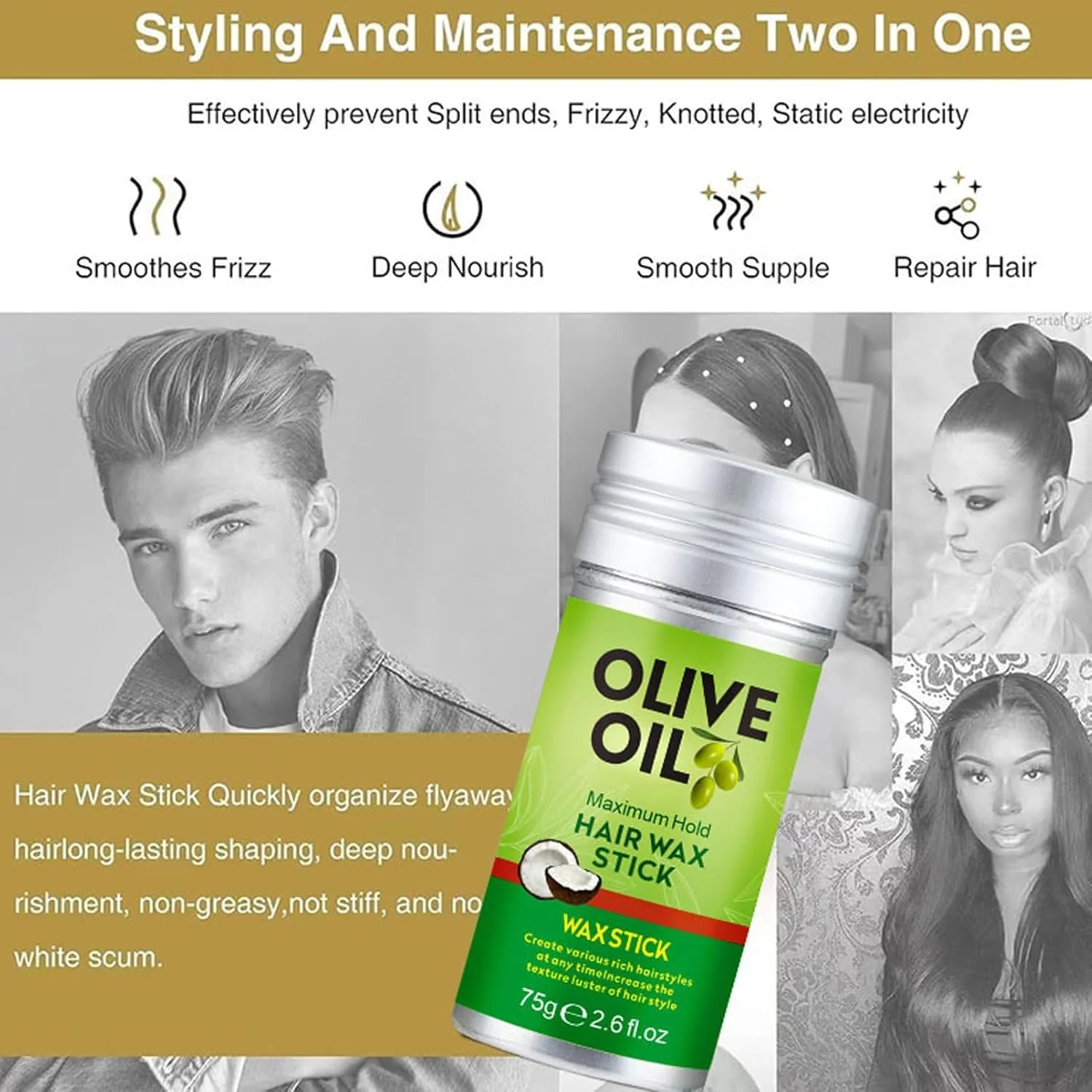 استیک واکس مو روغن زیتون KASTWAVE، 2 عدد ژل پماد صاف کننده، ماندگاری طولانی، بدون چربی، واکس حالت دهنده برای کلاه گیس های صاف، برای موهای وز و موخوره