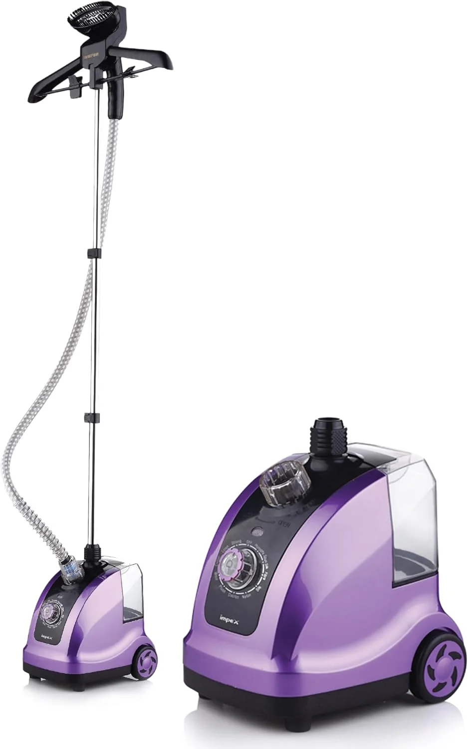 بخارگر لباس ایمپکس، 1950 وات، پیش گرمایش 38 ثانیه، میزان بخار 32 گرم در دقیقه، مخزن آب 1.3 لیتری، 40 دقیقه زمان کارکرد، میله آلومینیومی قابل تنظیم، چوب لباسی، برس و دستکش، سر برس مو - GSM 6010