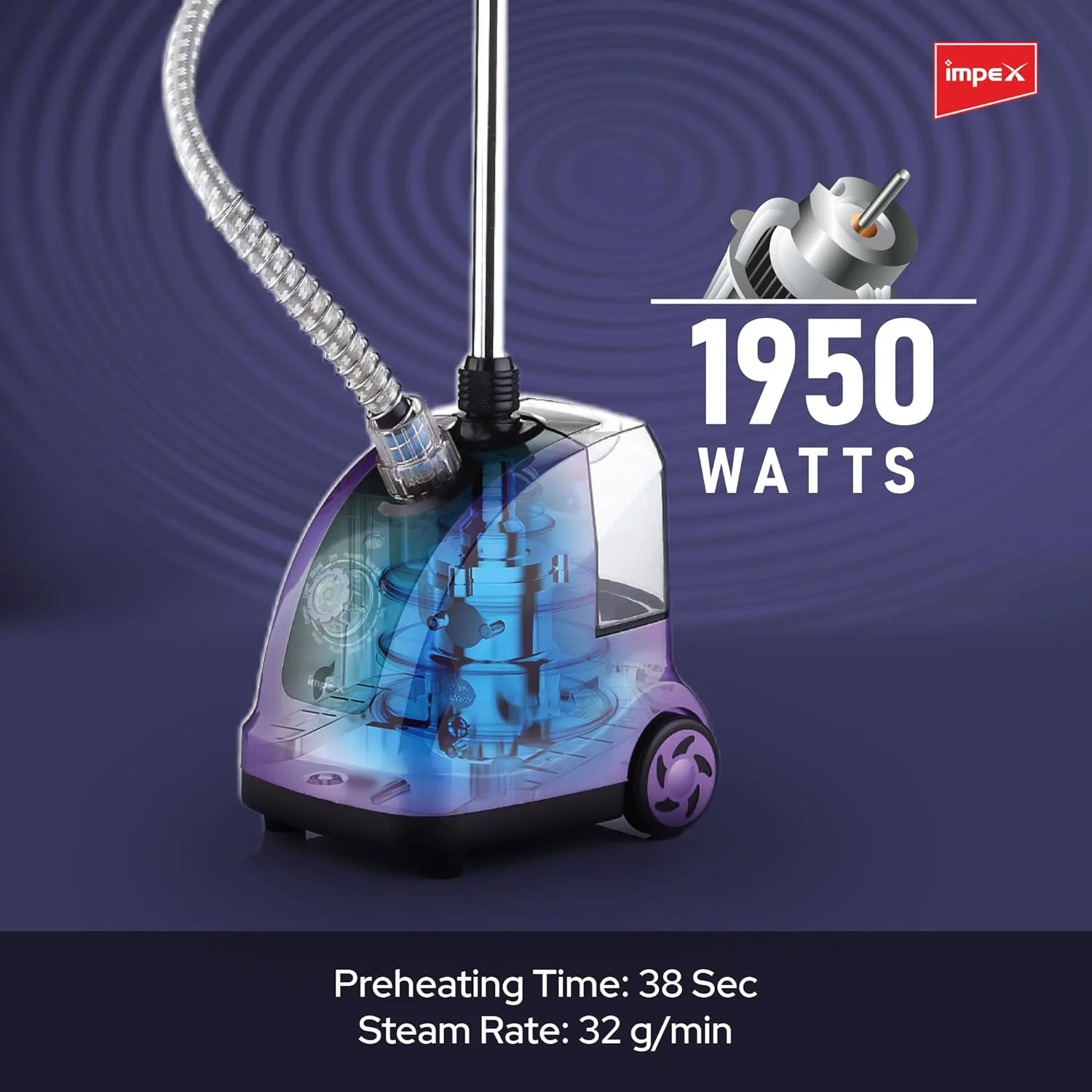 بخارگر لباس ایمپکس، 1950 وات، پیش گرمایش 38 ثانیه، میزان بخار 32 گرم در دقیقه، مخزن آب 1.3 لیتری، 40 دقیقه زمان کارکرد، میله آلومینیومی قابل تنظیم، چوب لباسی، برس و دستکش، سر برس مو - GSM 6010