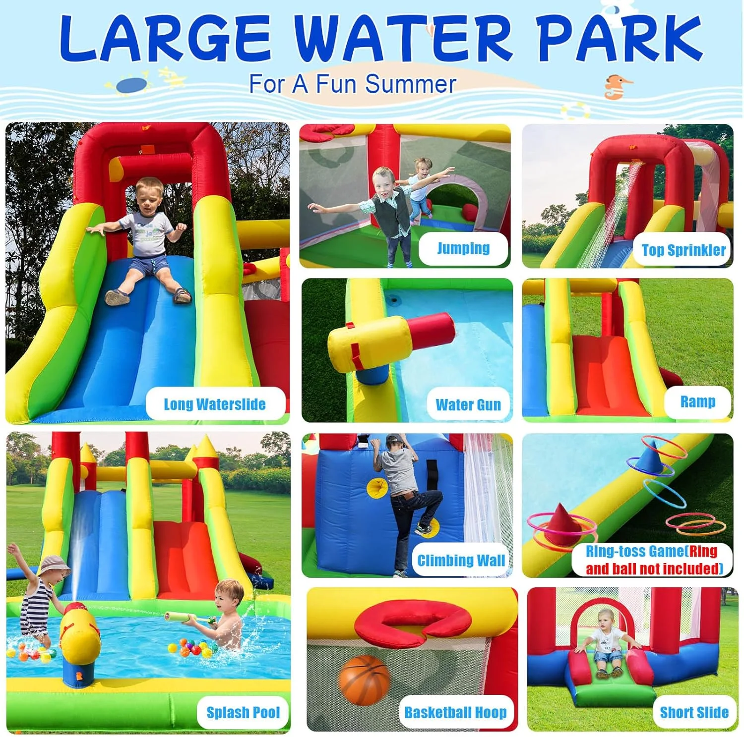 پارک آبی بادی 10 در 1 Umbalir - خانه بازی بادی غول پیکر با 2 سرسره آبی، استخر بزرگ، توپ های آبی، دیوار صخره نوردی، تونل ها و مسیر موانع برای سرگرمی بی پایان پارک آبی بادی 10 در 1 Umbalir - خانه بازی بادی غول پیکر با 2 سرسره آبی، استخر بزرگ، توپ های آبی، دیوار صخره نوردی، تونل ها و مسیر موانع برای سرگرمی بی پایان