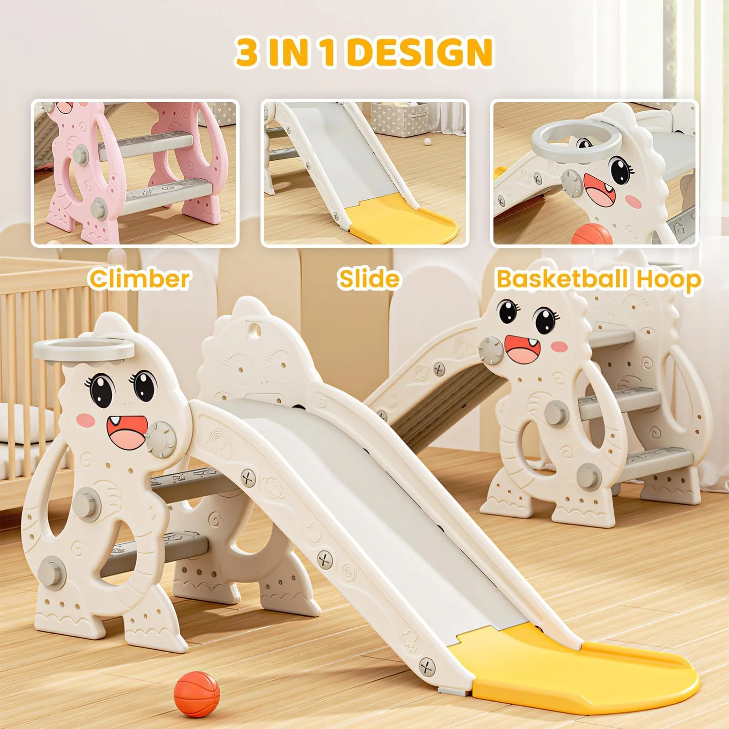 سرسره کودک TOYBY با نردبان، حلقه بسکتبال و توپ، سرسره سرپوشیده کودک با طرح نیناسور، تجهیزات بازی مستقل برای سنین 1-3 سال (سفید) سرسره کودک TOYBY با نردبان، حلقه بسکتبال و توپ، سرسره سرپوشیده کودک با طرح نیناسور، تجهیزات بازی مستقل برای سنین 1-3 سال (سفید)