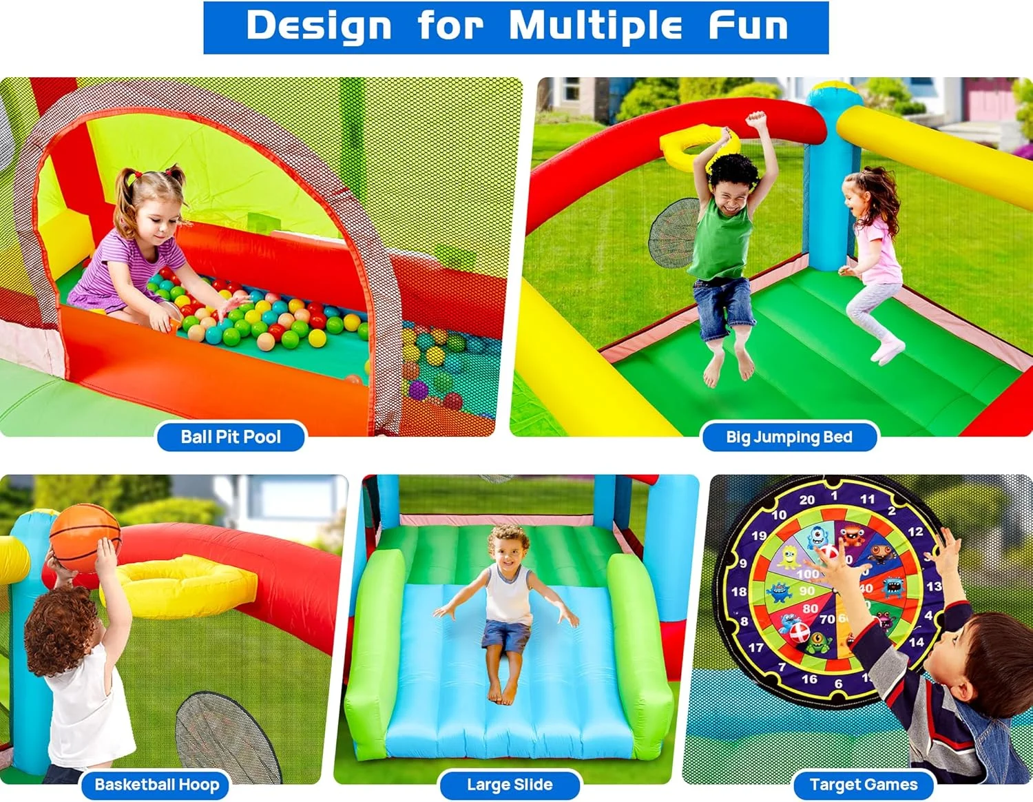 قلعه بادی جامپینگ WELLFUNTIME، سرسره بادی به همراه دمنده هوا، قلعه پرش کودکان با سرسره، استخر توپ و بازی دارت، 363x348x173 سانتی متر قلعه بادی جامپینگ WELLFUNTIME، سرسره بادی به همراه دمنده هوا، قلعه پرش کودکان با سرسره، استخر توپ و بازی دارت، 363x348x173 سانتی متر