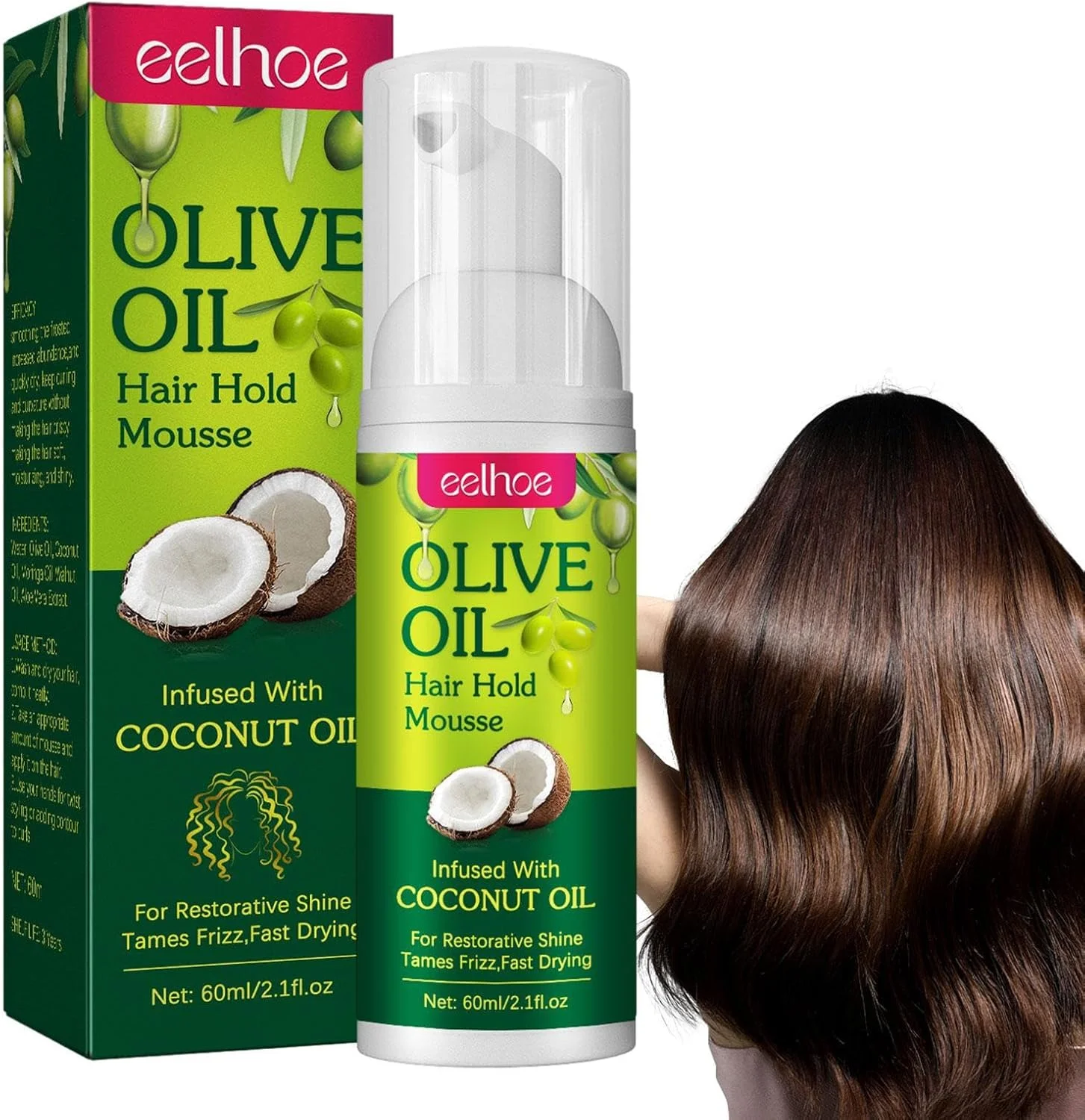 موس مو روغن زیتون 60 میلی لیتری - موس فوم مو روغن زیتون - موس حالت دهنده مو روغن زیتون | موس مو فر کننده کنترل کننده وز برای زنان، بافت ها، پیچش ها، کلاه گیس ها، موج ها، فرها، ماندگاری طولانی و حالت دهی صاف