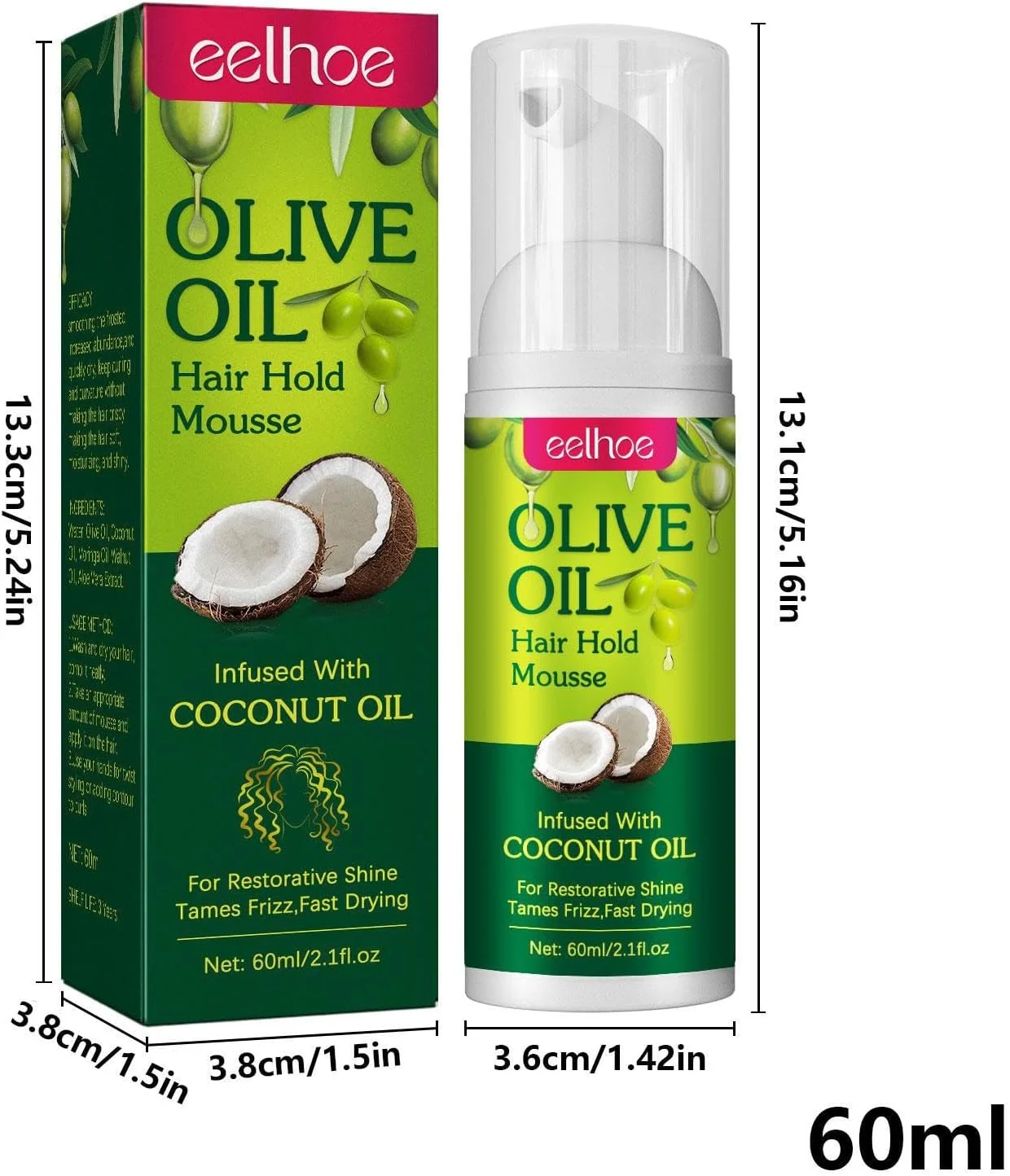 موس مو روغن زیتون 60 میلی لیتری - موس فوم مو روغن زیتون - موس حالت دهنده مو روغن زیتون | موس مو فر کننده کنترل کننده وز برای زنان، بافت ها، پیچش ها، کلاه گیس ها، موج ها، فرها، ماندگاری طولانی و حالت دهی صاف