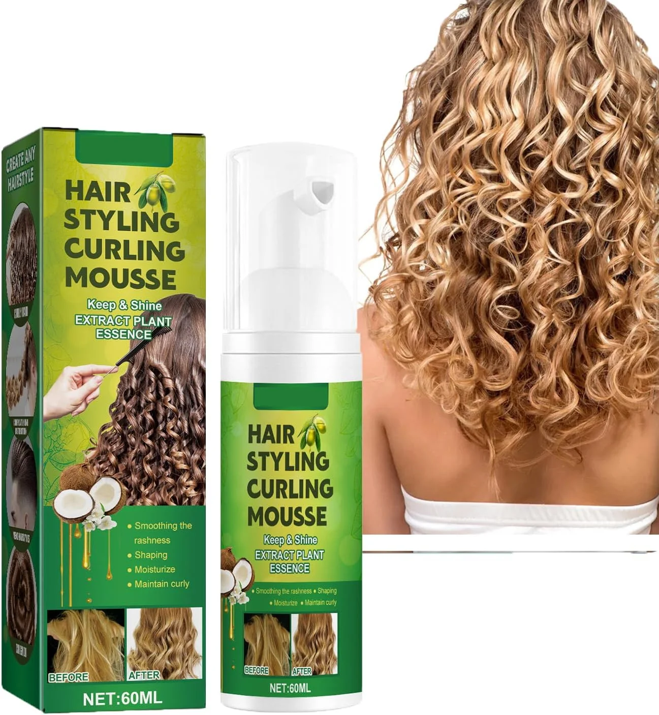 موس حالت دهنده مو فر Dyceittdia، 6۰ میلی لیتر، موس حالت دهنده فر، موس حالت دهنده فر پفکی، تقویت کننده فر، موس حالت دهنده فوم مرطوب کننده، Hair2