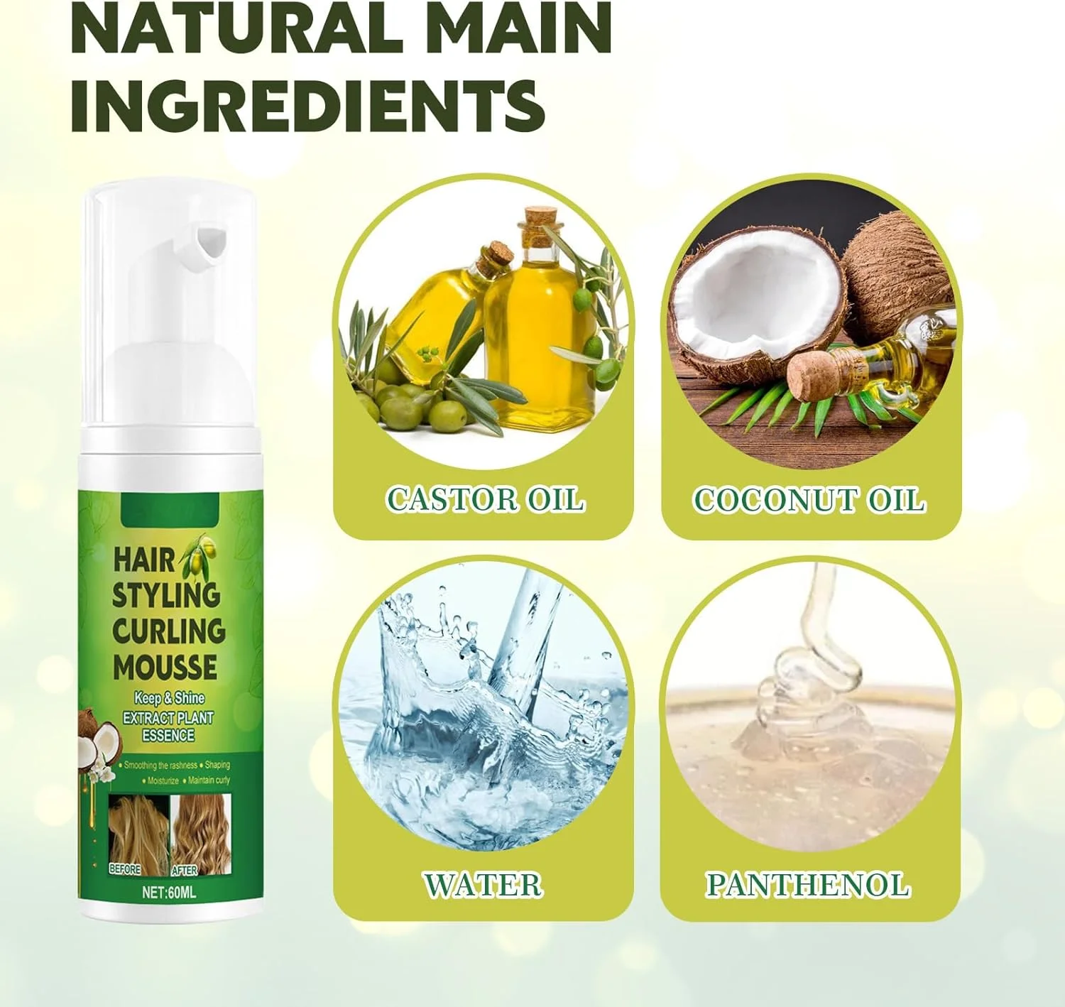 موس حالت دهنده مو فر Dyceittdia، 6۰ میلی لیتر، موس حالت دهنده فر، موس حالت دهنده فر پفکی، تقویت کننده فر، موس حالت دهنده فوم مرطوب کننده، Hair2