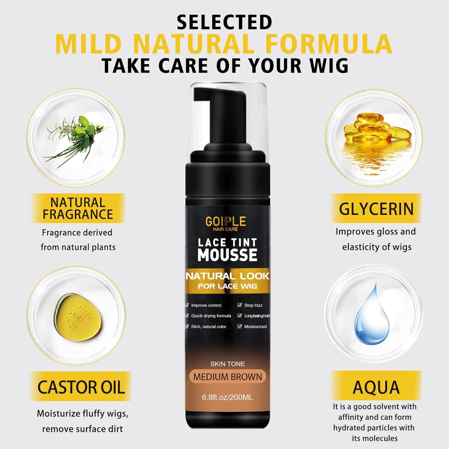 موس رنگی توری مو Goiple، 200 میلی لیتر - رنگ توری طبیعی، قهوه ای متوسط - رنگ موی کلاه گیس