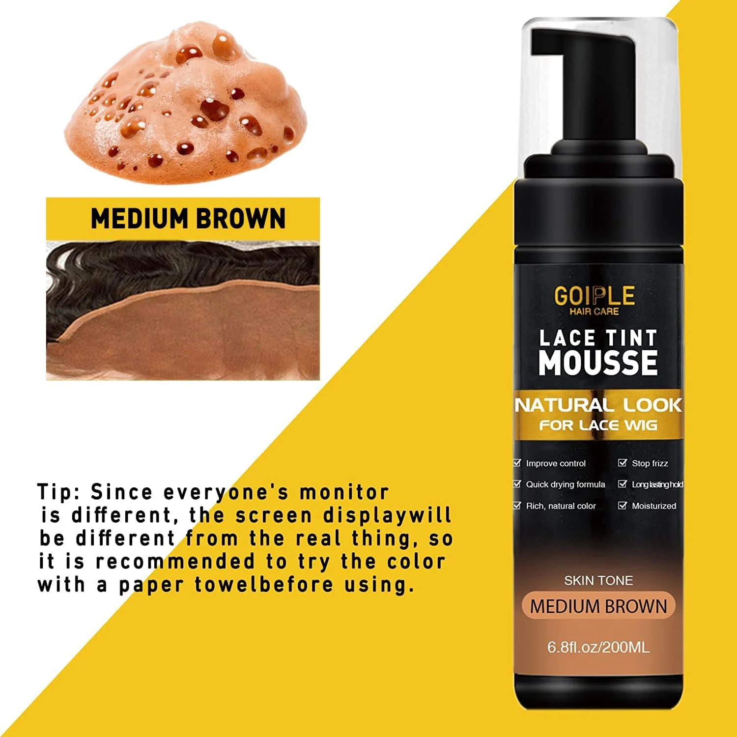 موس رنگی توری مو Goiple، 200 میلی لیتر - رنگ توری طبیعی، قهوه ای متوسط - رنگ موی کلاه گیس