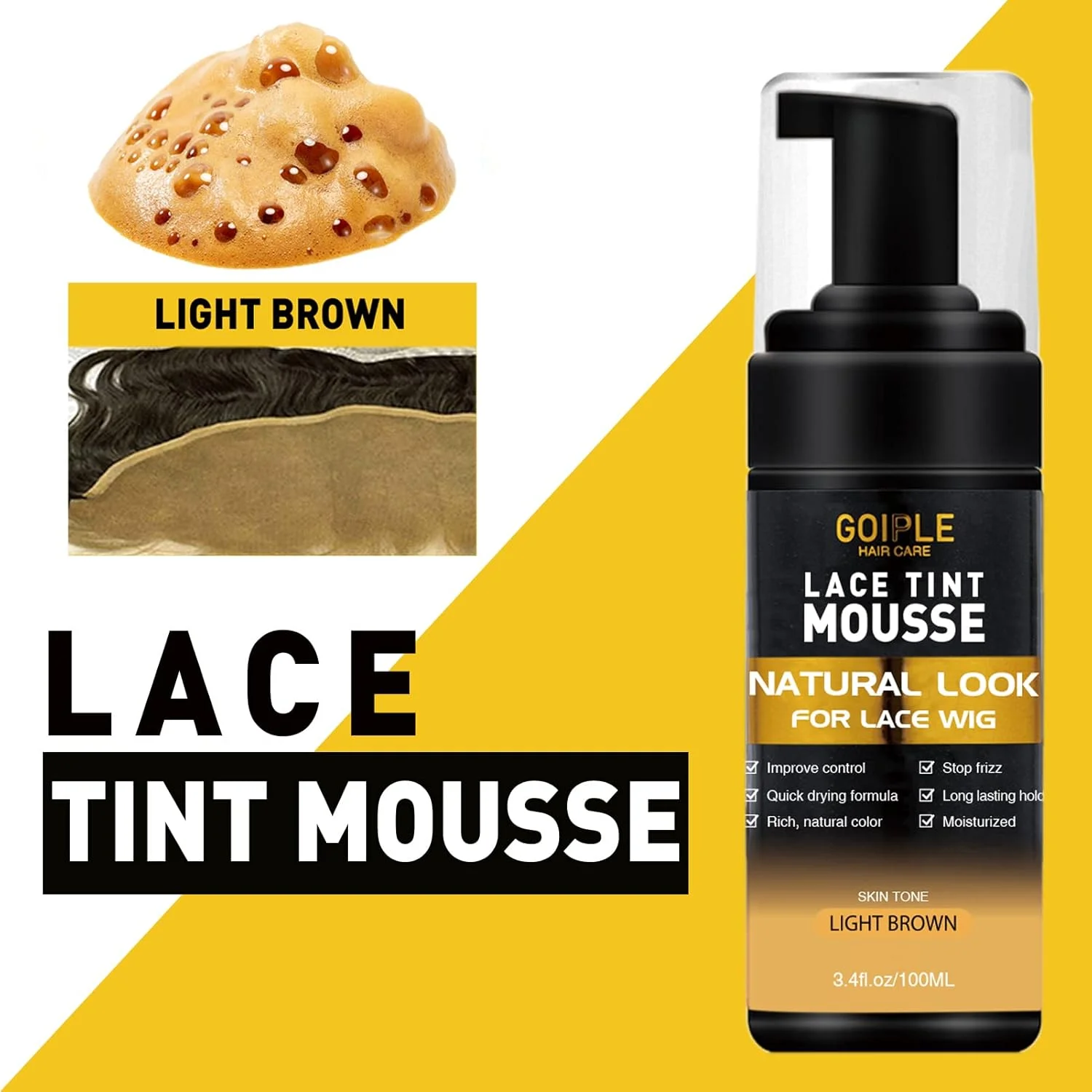 موس رنگی توری مو Goiple، موس رنگی توری برای کلاه گیس و تکه های موی زنانه، رنگ توری با ظاهری طبیعی، چسب کلاه گیس رنگی توری برای ست ابزار کلاه گیس (قهوه ای روشن)