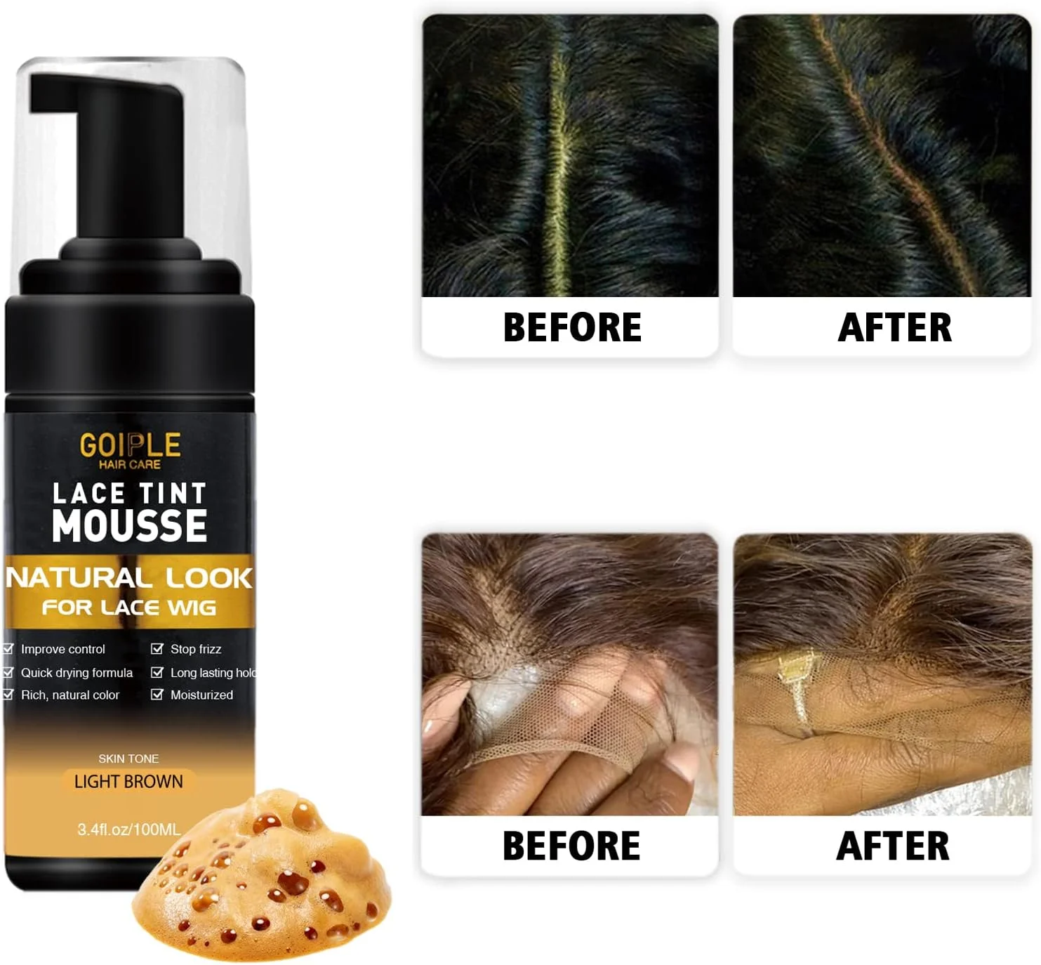 موس رنگی توری مو Goiple، موس رنگی توری برای کلاه گیس و تکه های موی زنانه، رنگ توری با ظاهری طبیعی، چسب کلاه گیس رنگی توری برای ست ابزار کلاه گیس (قهوه ای روشن)