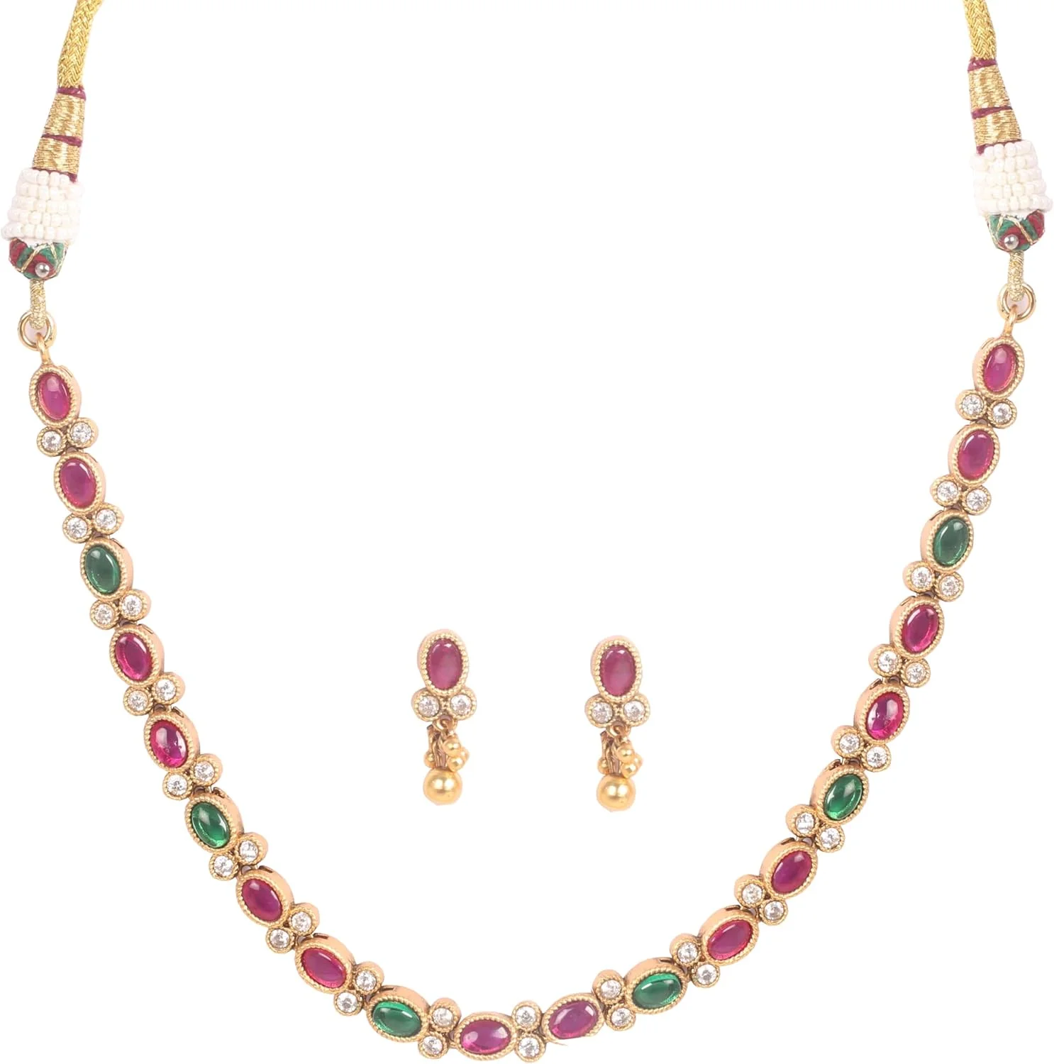 گردنبند و گوشواره زنانه تاچ استون با روکش طلای عتیقه، نگین های الماس مصنوعی، زیرکونیا، یاقوت مصنوعی و زمرد، طراحی جواهرات. گردنبند و گوشواره زنانه تاچ استون با روکش طلای عتیقه، نگین های الماس مصنوعی، زیرکونیا، یاقوت مصنوعی و زمرد، طراحی جواهرات.