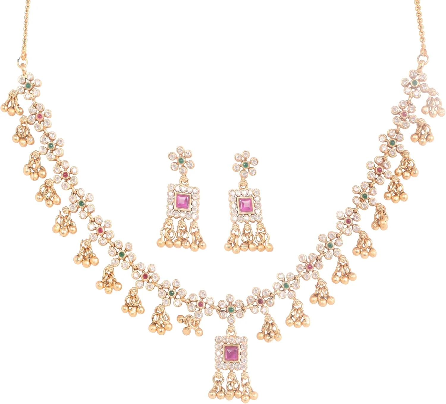 تاچ استون، گردنبند و گوشواره های طرح طلا عتیقه با نگین های اتمی گرد، زمرد مصنوعی سبز، یاقوت مصنوعی قرمز گرد و مربعی، زنجیر ضخیم، جواهرات زنانه طراح. تاچ استون، گردنبند و گوشواره های طرح طلا عتیقه با نگین های اتمی گرد، زمرد مصنوعی سبز، یاقوت مصنوعی قرمز گرد و مربعی، زنجیر ضخیم، جواهرات زنانه طراح.