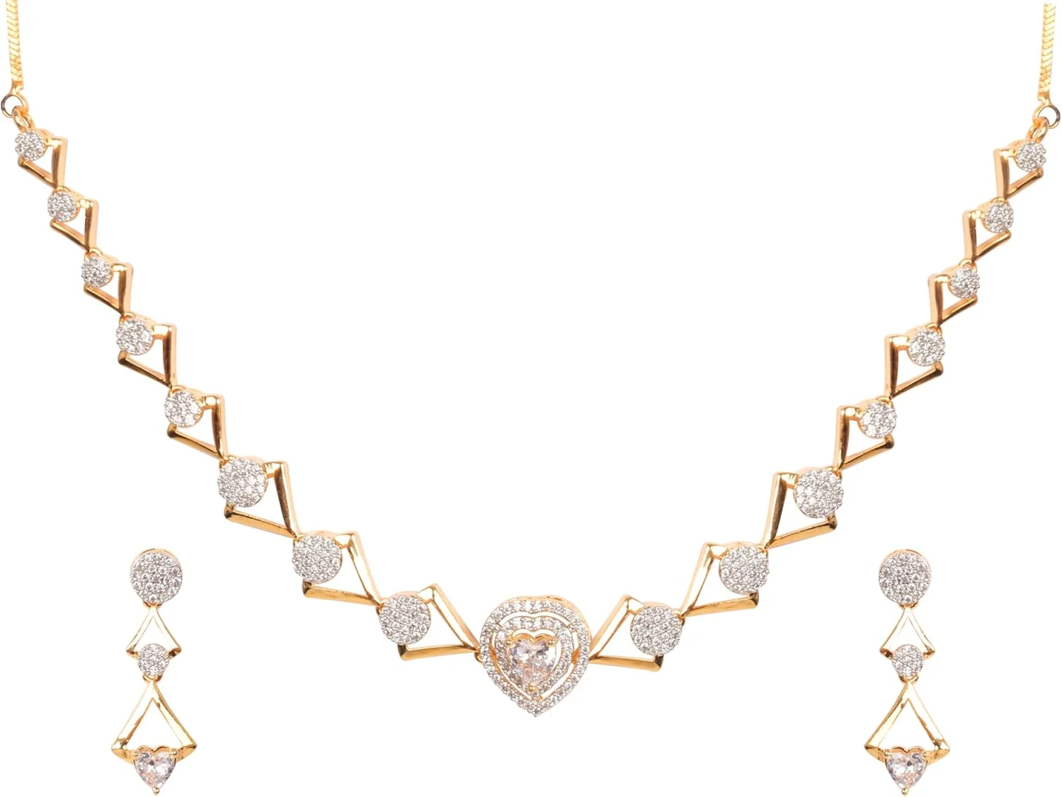 ست گردنبند و گوشواره زنانه تاچ استون با روکش طلای سفید و طلای زرد، طرح هندسی قلب گرد، نگین های زیرکونیا. ست گردنبند و گوشواره زنانه تاچ استون با روکش طلای سفید و طلای زرد، طرح هندسی قلب گرد، نگین های زیرکونیا.