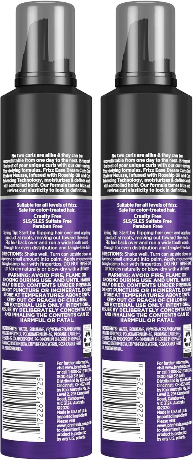 موس احیا کننده فر مو جان فریدا، ضد وز، Frizz Ease Dream Curls، افزایش دهنده و مرطوب کننده فرهای طبیعی، ایجاد کننده حالت دهی نرم و انعطاف پذیر برای موهای فر یا وز، بدون الکل، 213 میلی لیتر، بسته 2 عددی