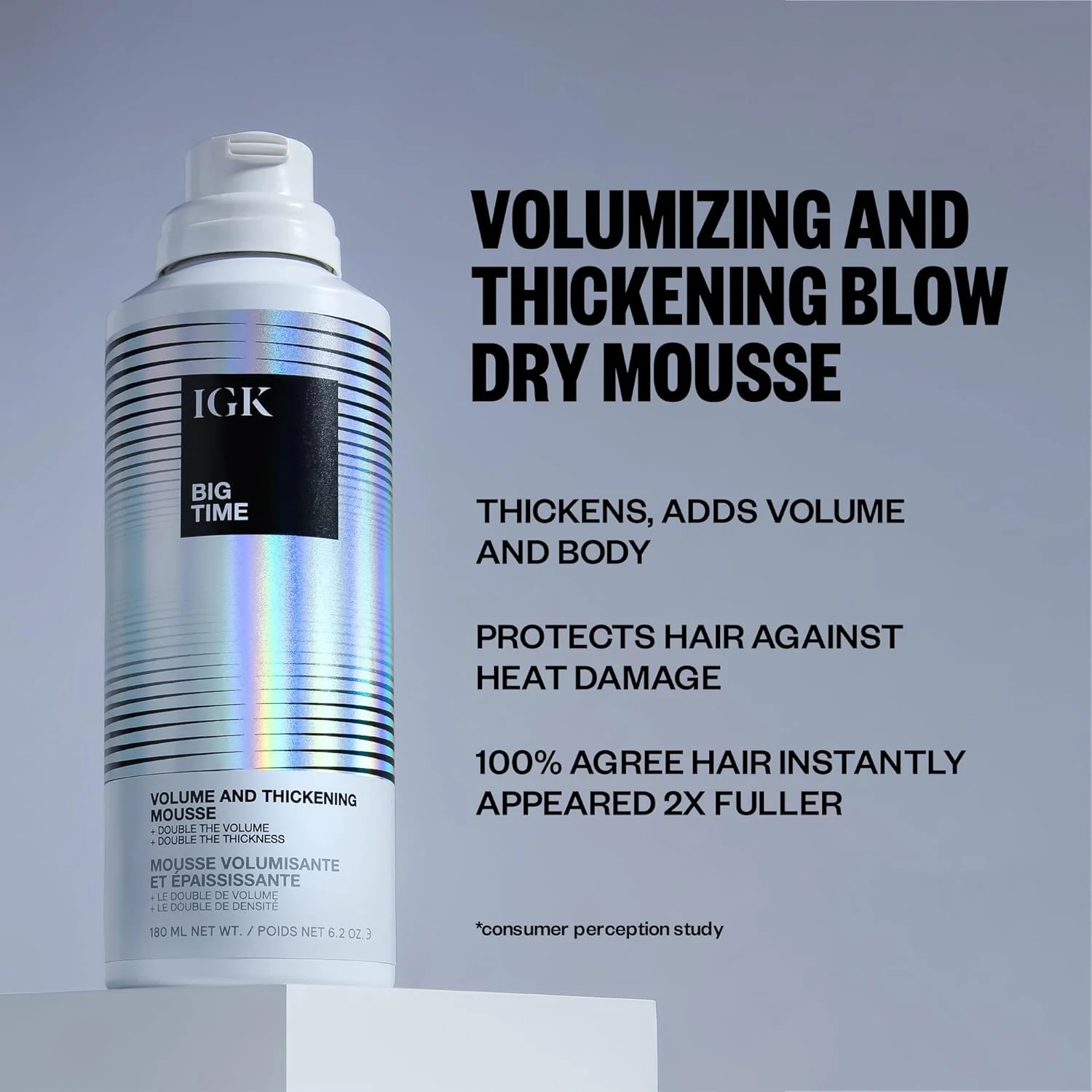 موس حجم دهنده و ضخیم کننده مو آی جی کی بیگ تایم | حالت دهنده + پرپشتی + کنترل وز مو | وگان + بدون تست حیوانی | 184 میل