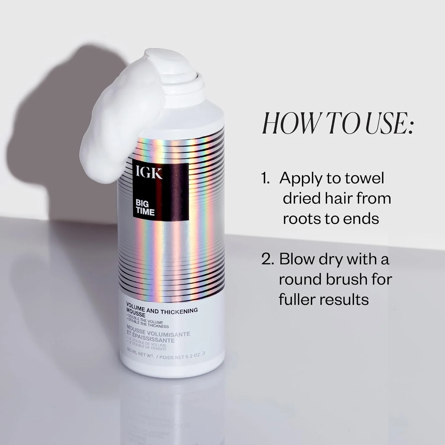 موس حجم دهنده و ضخیم کننده مو آی جی کی بیگ تایم | حالت دهنده + پرپشتی + کنترل وز مو | وگان + بدون تست حیوانی | 184 میل