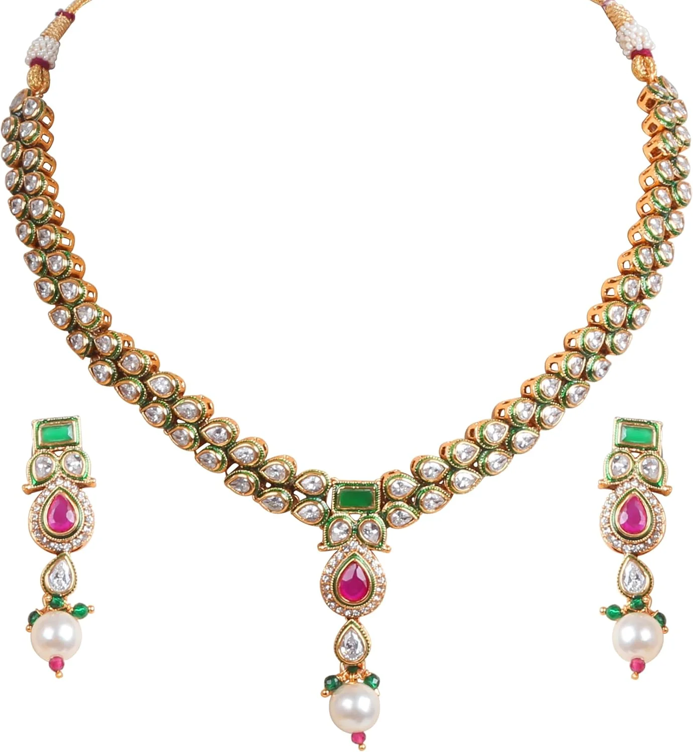 ست گردنبند و گوشواره زنانه تاچ استون با روکش طلای عتیقه، نگین های زیرکونیا کوبیک طرح الماس برش گرد، جواهرات سنتی طراح دار. ست گردنبند و گوشواره زنانه تاچ استون با روکش طلای عتیقه، نگین های زیرکونیا کوبیک طرح الماس برش گرد، جواهرات سنتی طراح دار.