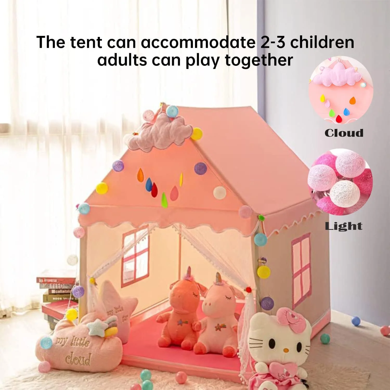 چادر بازی کودک AM ANNA، چادر بازی خانه بازی برای کودکان، اسباب بازی هدیه چادر قلعه شاهزاده خانم برای دختران، خانه بازی با چراغ ها و ابر برای کودکان نوپا، کودکان داخل و خارج از منزل (130x99x119 سانتی متر) (چادر مطالعه و اتاق بازی)