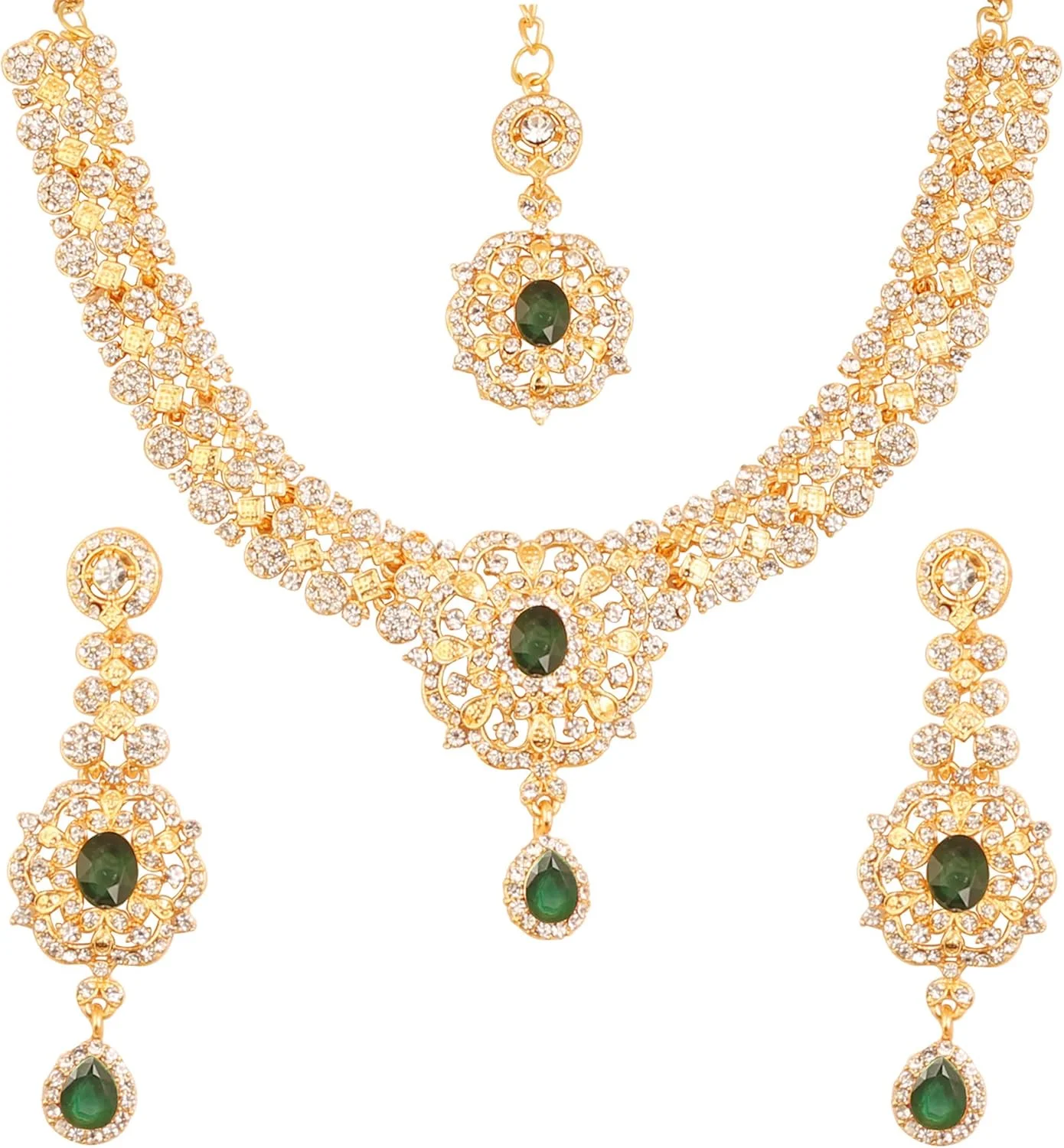 تاچ استون ست گردنبند مجلسی زنانه طرح جدید، الهام گرفته از جواهرات هندی بالیوود، طرح گل و الماس، نگین های سفید و زمردی مصنوعی سبز، با روکش طلایی تاچ استون ست گردنبند مجلسی زنانه طرح جدید، الهام گرفته از جواهرات هندی بالیوود، طرح گل و الماس، نگین های سفید و زمردی مصنوعی سبز، با روکش طلایی