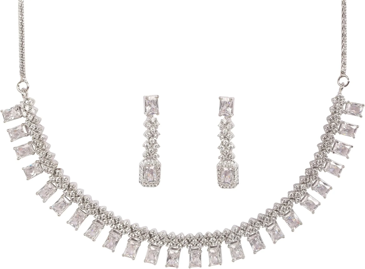 گردنبند و گوشواره زنانه تاچ استون با روکش طلای سفید و نگین های زیرکونیا طرح الماس، مدل مستطیلی و گرد، زنجیر ضخیم، جواهرات طراح هندی. گردنبند و گوشواره زنانه تاچ استون با روکش طلای سفید و نگین های زیرکونیا طرح الماس، مدل مستطیلی و گرد، زنجیر ضخیم، جواهرات طراح هندی.