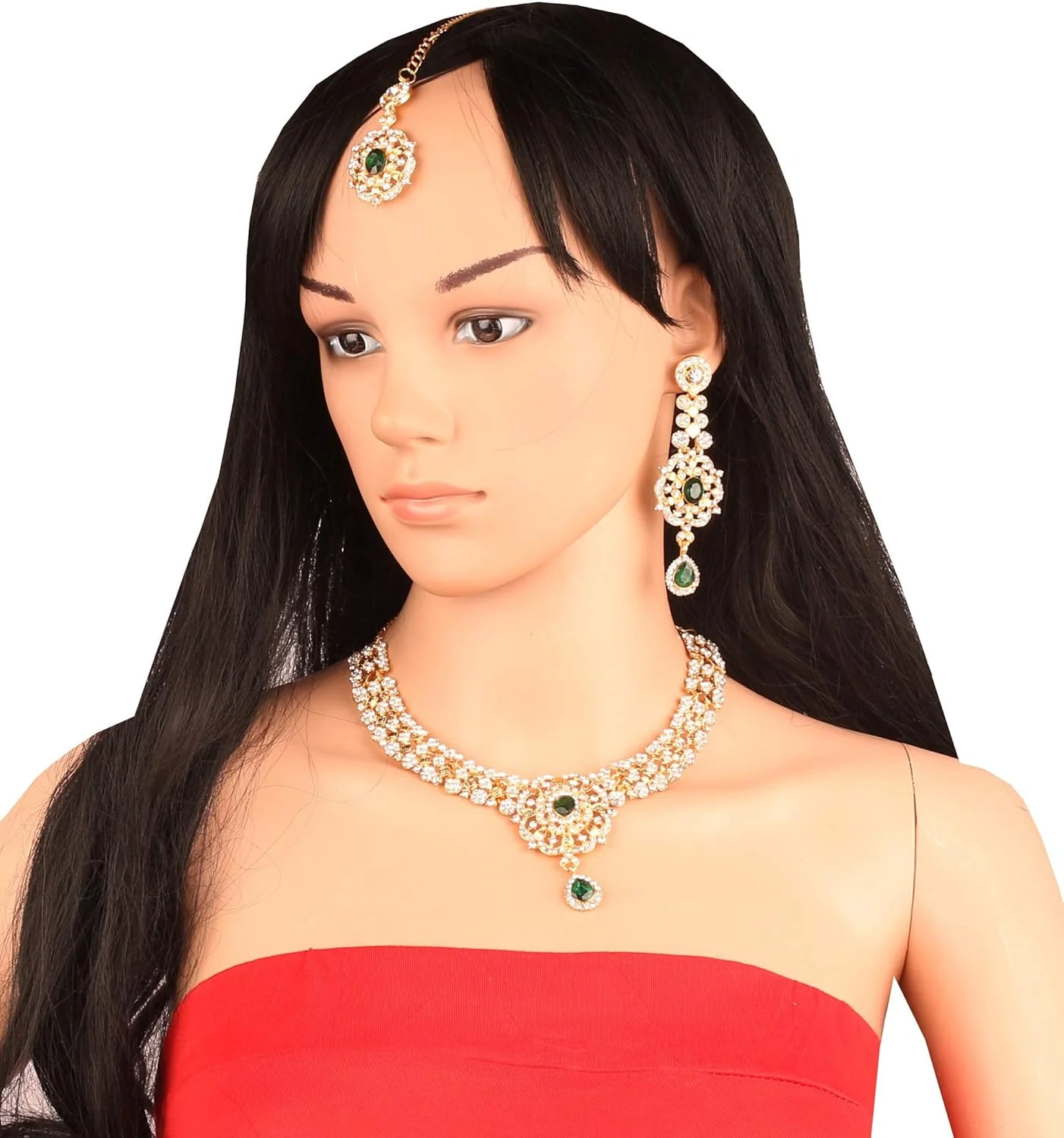 تاچ استون ست گردنبند مجلسی زنانه طرح جدید، الهام گرفته از جواهرات هندی بالیوود، طرح گل و الماس، نگین های سفید و زمردی مصنوعی سبز، با روکش طلایی