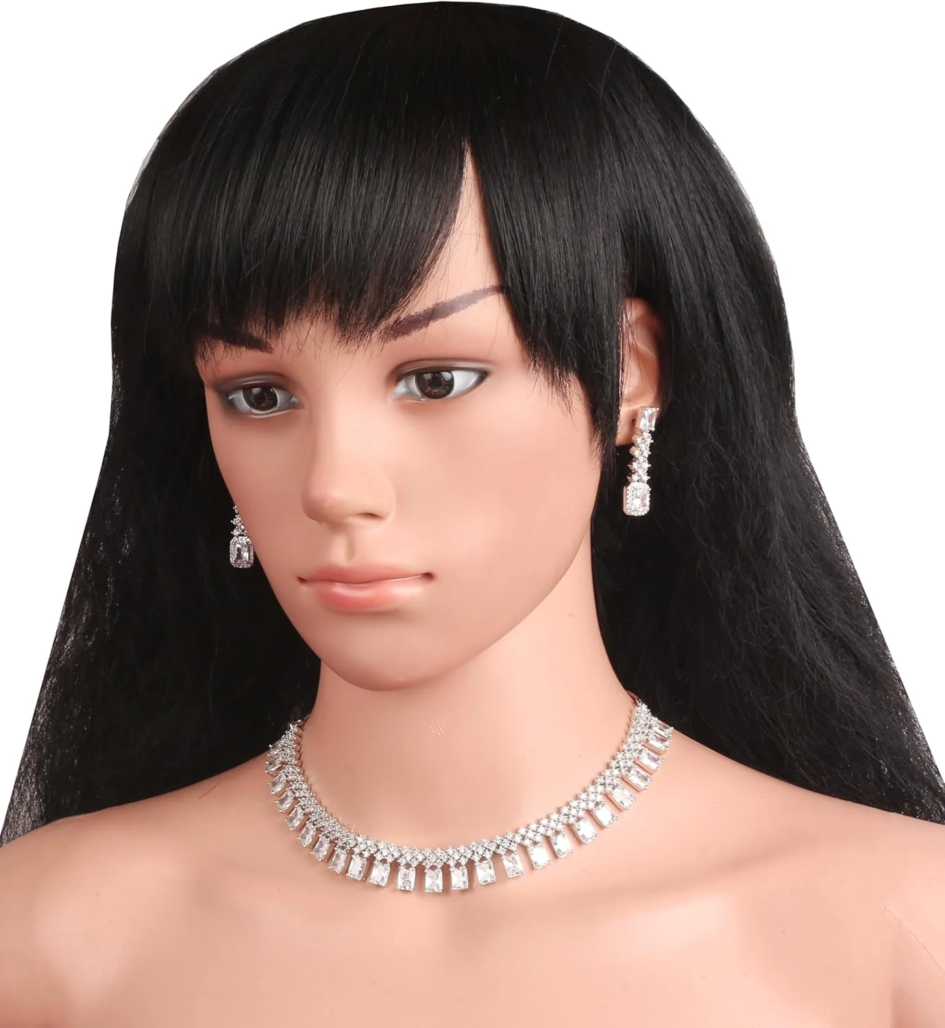 گردنبند و گوشواره زنانه تاچ استون با روکش طلای سفید و نگین های زیرکونیا طرح الماس، مدل مستطیلی و گرد، زنجیر ضخیم، جواهرات طراح هندی. گردنبند و گوشواره زنانه تاچ استون با روکش طلای سفید و نگین های زیرکونیا طرح الماس، مدل مستطیلی و گرد، زنجیر ضخیم، جواهرات طراح هندی.