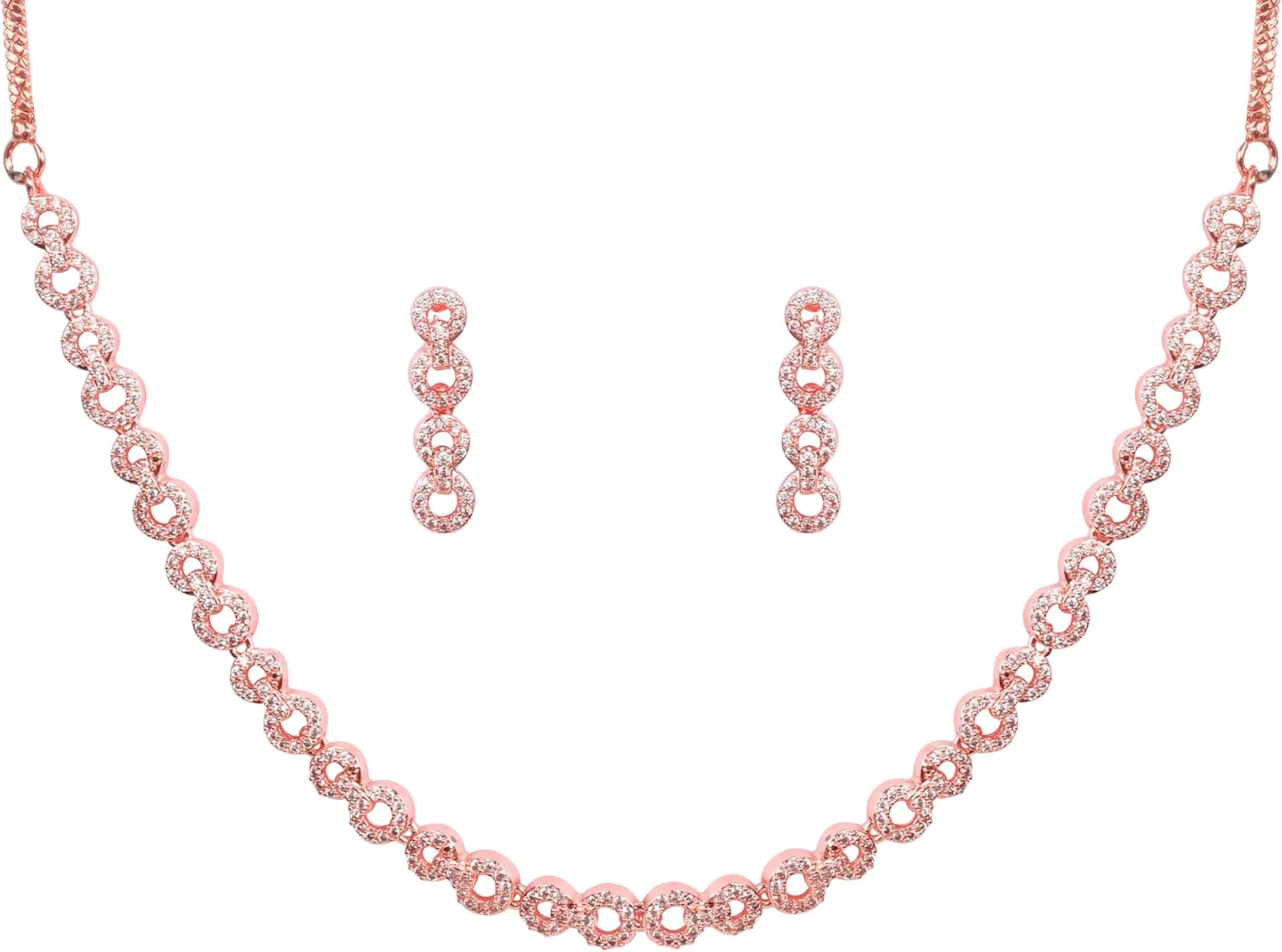 گردنبند و گوشواره زنانه تاچ استون با روکش طلای رزگلد، طرح الماس، برش گرد، زیرکونیا مکعبی، زنجیر ضخیم، جواهرات طراح. گردنبند و گوشواره زنانه تاچ استون با روکش طلای رزگلد، طرح الماس، برش گرد، زیرکونیا مکعبی، زنجیر ضخیم، جواهرات طراح.