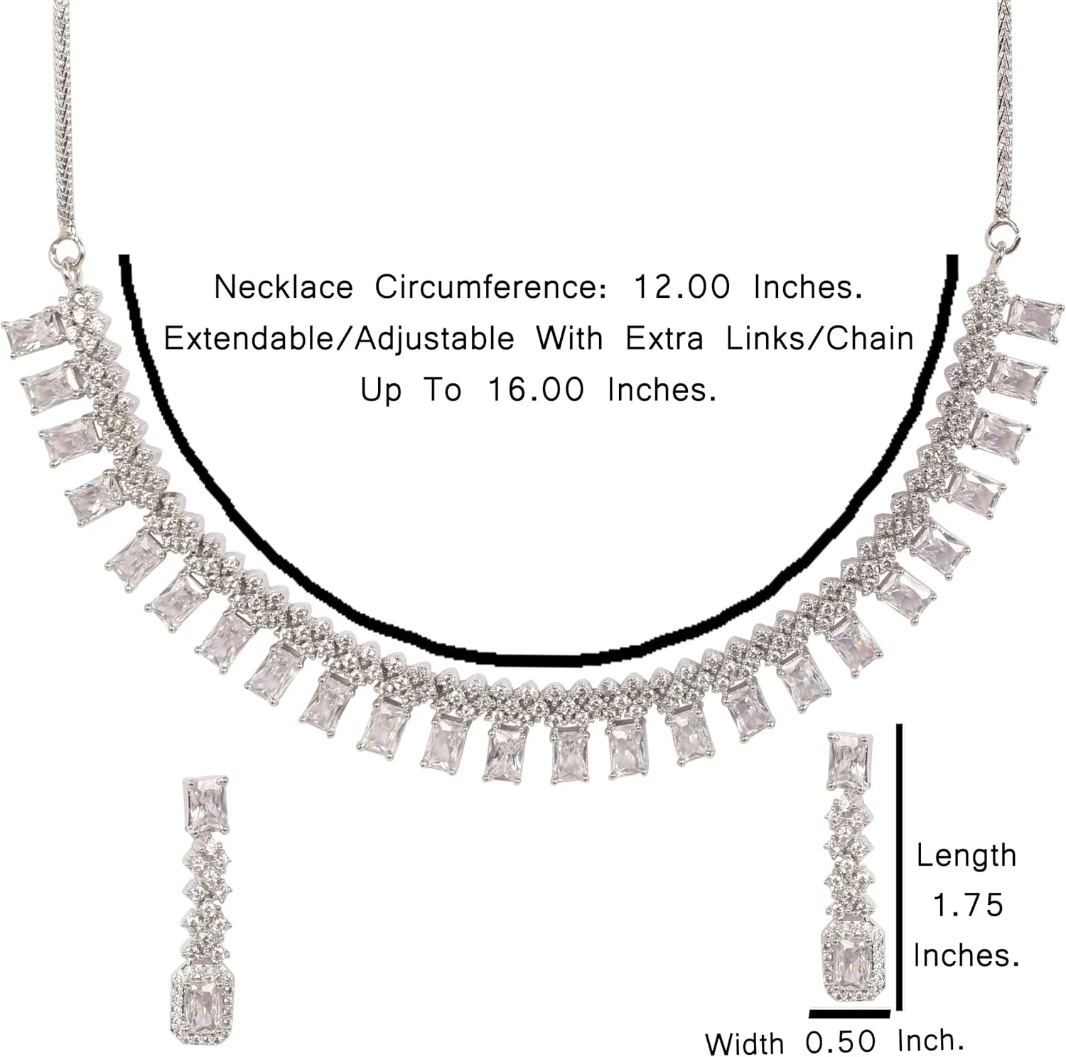 گردنبند و گوشواره زنانه تاچ استون با روکش طلای سفید و نگین های زیرکونیا طرح الماس، مدل مستطیلی و گرد، زنجیر ضخیم، جواهرات طراح هندی. گردنبند و گوشواره زنانه تاچ استون با روکش طلای سفید و نگین های زیرکونیا طرح الماس، مدل مستطیلی و گرد، زنجیر ضخیم، جواهرات طراح هندی.