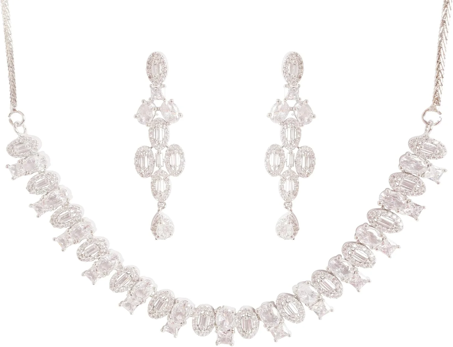 تاچ استون گردنبند و گوشواره زنانه با روکش طلای سفید، طرح هندسی، بیضی، مربعی، باگت باریک و زیرکونیای مکعبی گرد، زنجیر ضخیم، جواهرات طراح. تاچ استون گردنبند و گوشواره زنانه با روکش طلای سفید، طرح هندسی، بیضی، مربعی، باگت باریک و زیرکونیای مکعبی گرد، زنجیر ضخیم، جواهرات طراح.