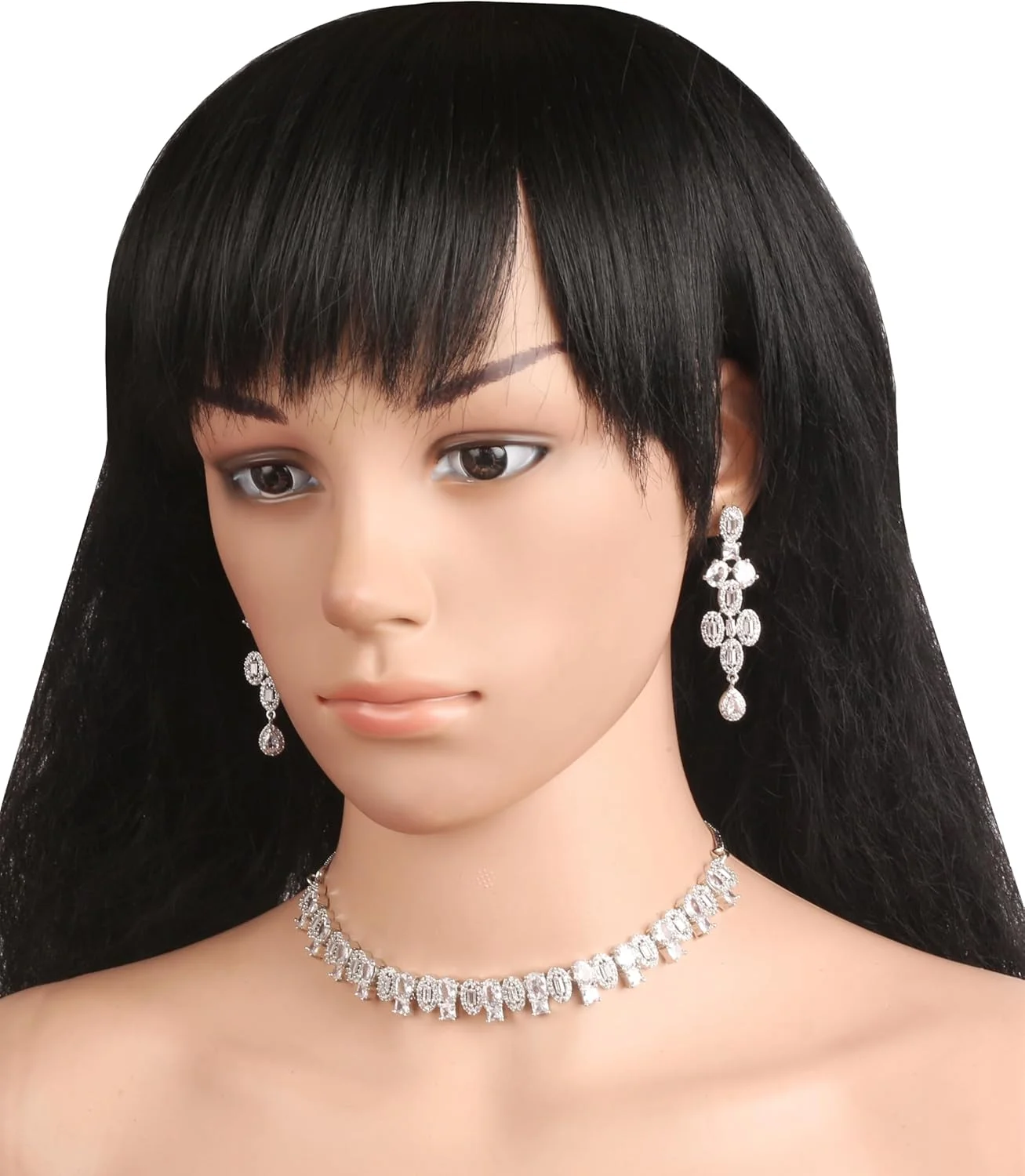 تاچ استون گردنبند و گوشواره زنانه با روکش طلای سفید، طرح هندسی، بیضی، مربعی، باگت باریک و زیرکونیای مکعبی گرد، زنجیر ضخیم، جواهرات طراح. تاچ استون گردنبند و گوشواره زنانه با روکش طلای سفید، طرح هندسی، بیضی، مربعی، باگت باریک و زیرکونیای مکعبی گرد، زنجیر ضخیم، جواهرات طراح.