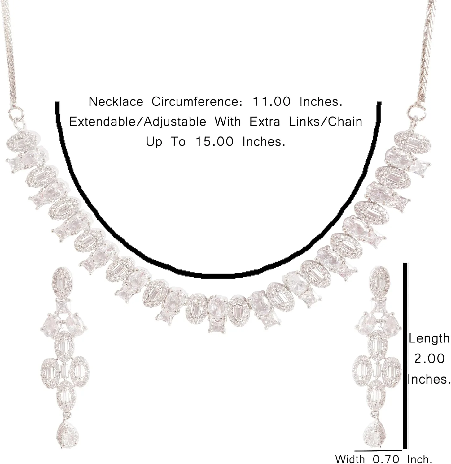 تاچ استون گردنبند و گوشواره زنانه با روکش طلای سفید، طرح هندسی، بیضی، مربعی، باگت باریک و زیرکونیای مکعبی گرد، زنجیر ضخیم، جواهرات طراح. تاچ استون گردنبند و گوشواره زنانه با روکش طلای سفید، طرح هندسی، بیضی، مربعی، باگت باریک و زیرکونیای مکعبی گرد، زنجیر ضخیم، جواهرات طراح.