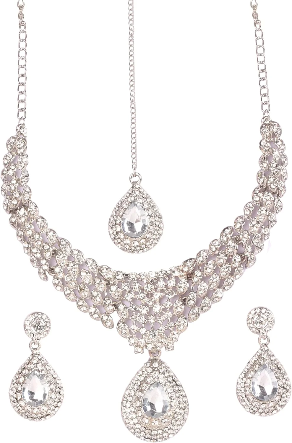 جدید! ست گردنبند و مانگتیکای عروس جواهرات طراح فوق العاده با سنگ های قیمتی برش گلابی گرد سفید رنگ، کار دست انحصاری بالیوود هندی تاچ استون، با رنگ سفید برای زنان.