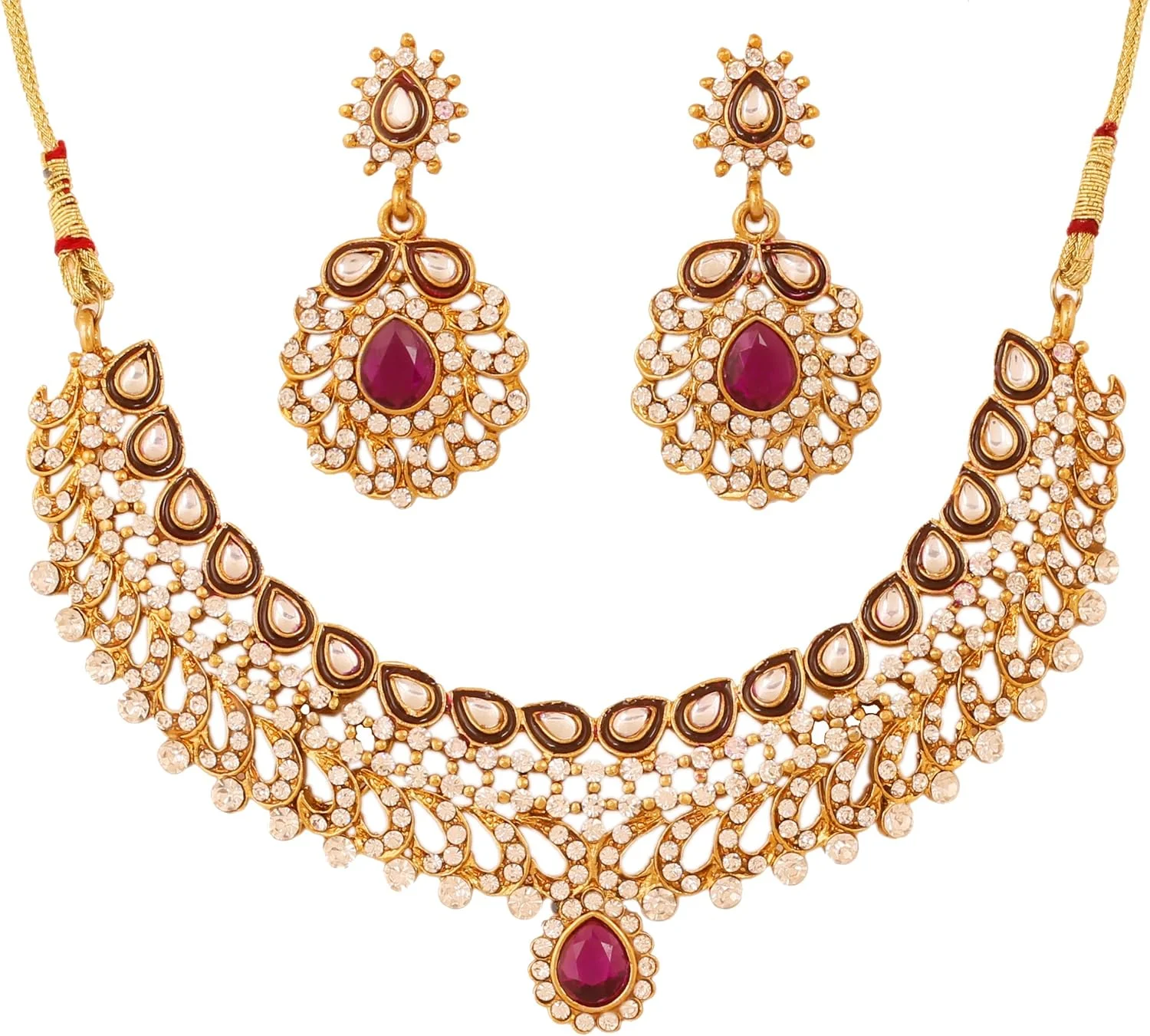 تاچ استون گردنبند جواهرات عروسی Kundan mina faux ruby diamante به سبک بالیوود هندی با رنگ طلایی عتیقه